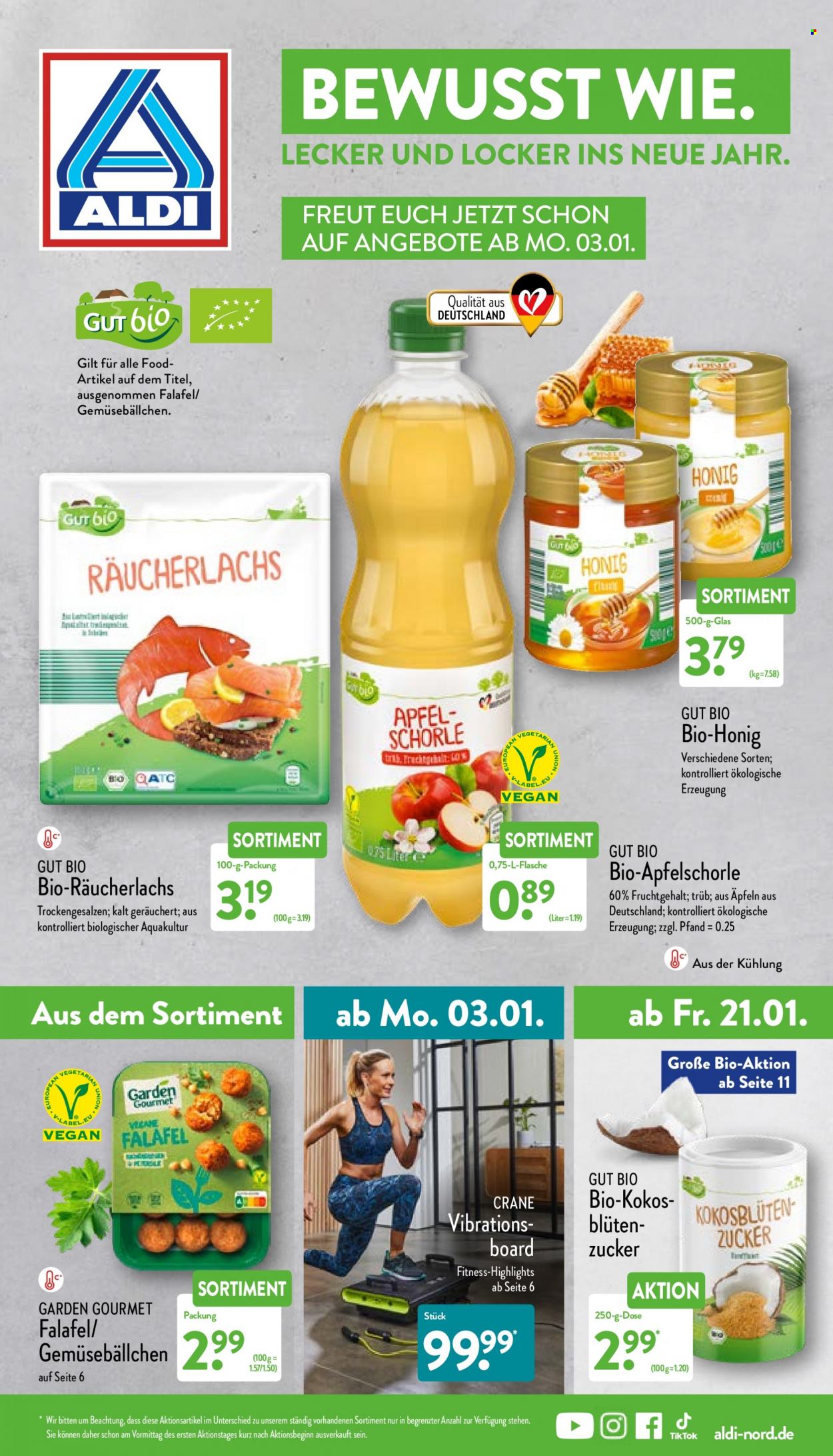 Prospekte ALDI Nord - Produkte in Aktion - Äpfeln, fertiges Essen, Falafel, Räucherlachs, Honig, Apfelschorle. Seite 1.