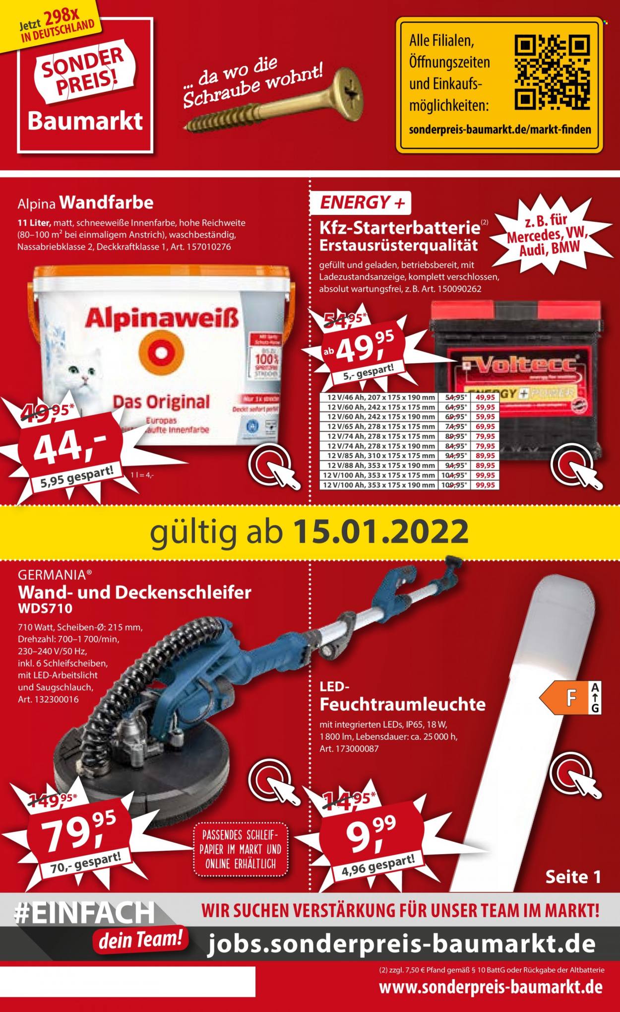 Prospekte Sonderpreis-Baumarkt - 15.01.2022 - 21.01.2022 - Produkte in Aktion - Alpina, Innenfarbe, Schleifpapier. Seite 1.