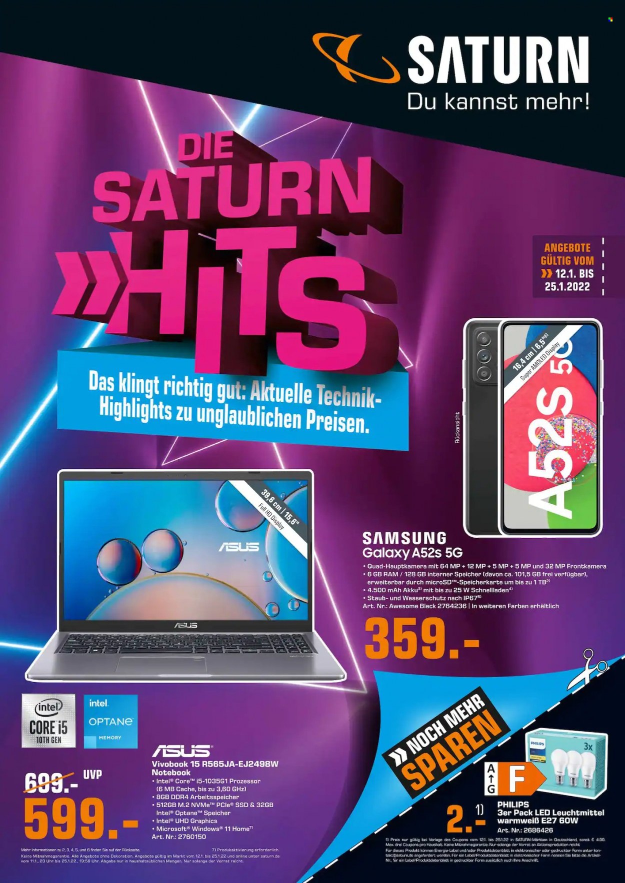Prospekte Saturn - 12.01.2022 - 25.01.2022 - Produkte in Aktion - Philips, Samsung, Asus, Samsung Galaxy, Notebook, VivoBook. Seite 1.