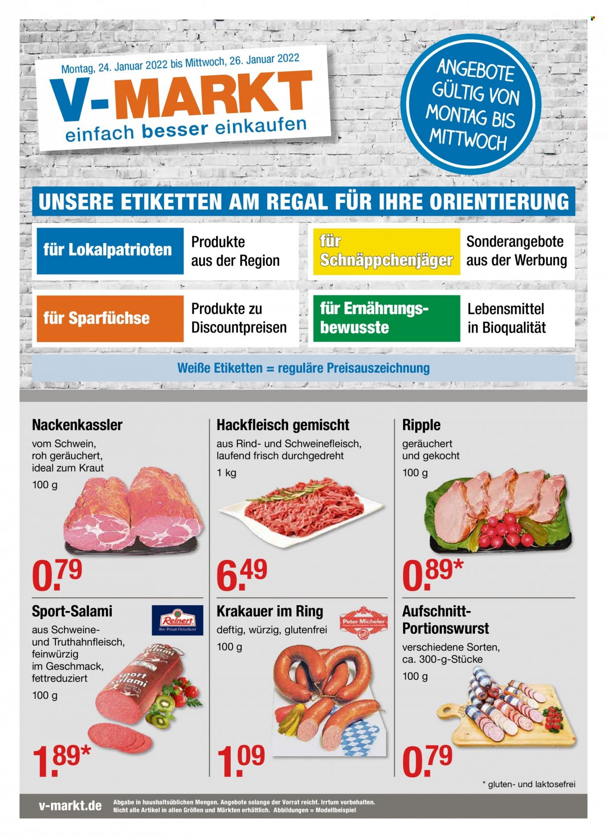Prospekte V-Markt - 24.01.2022 - 26.01.2022 - Produkte in Aktion - Kraut, Rindfleisch, Hackfleisch, Schweinehackfleisch, Salami, Krakauer, Regal. Seite 1.