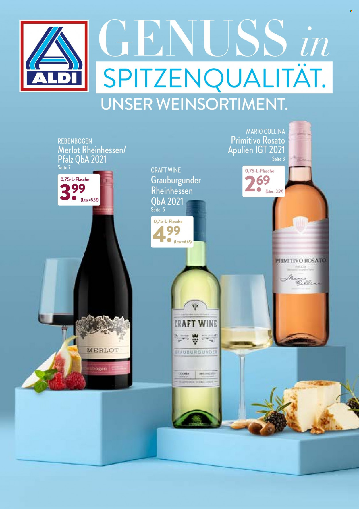 Prospekte ALDI Nord - Produkte in Aktion - Wein, Primitivo, Merlot, Grauburgunder. Seite 1.