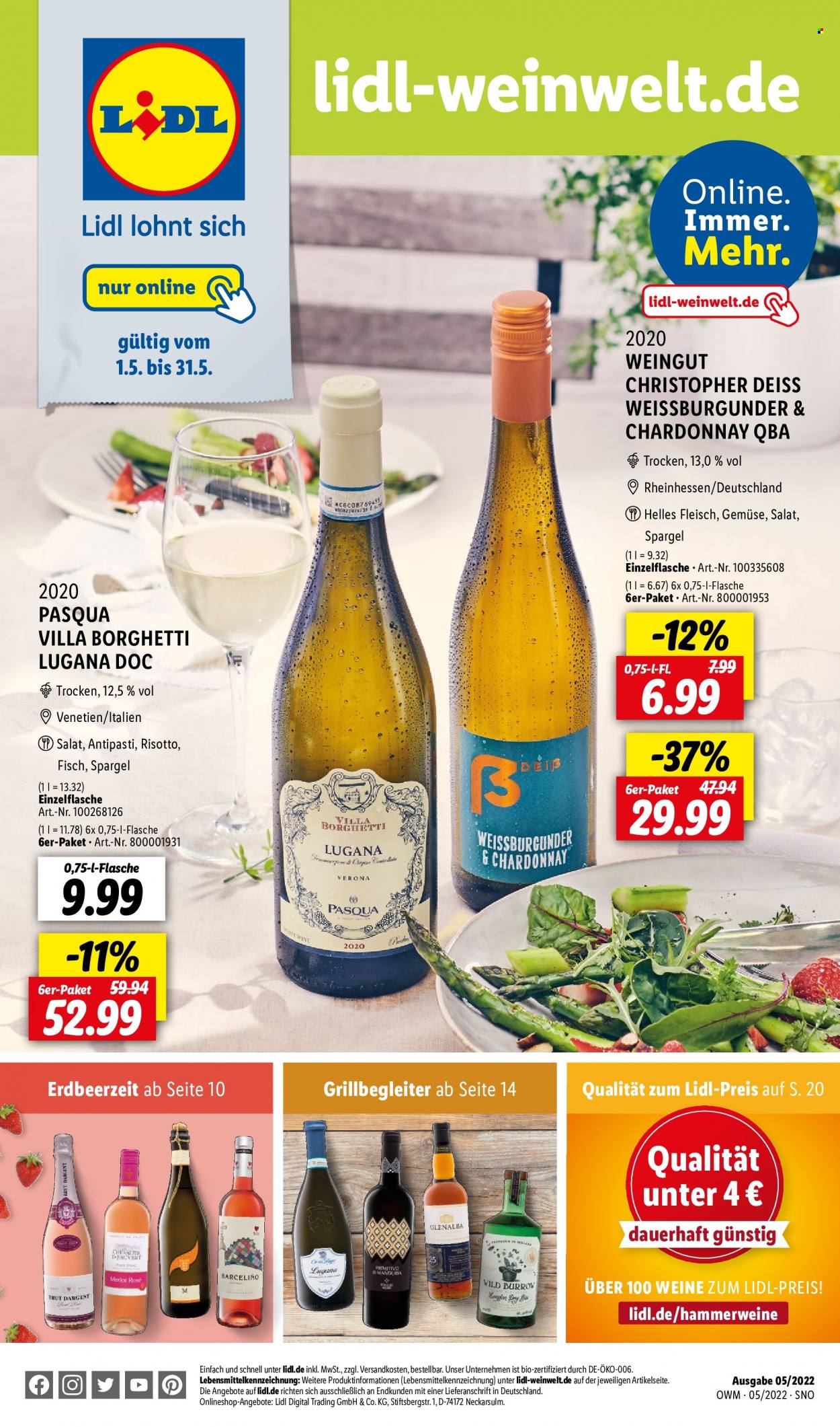 Prospekte Lidl - 29.04.2022 - 31.05.2022 - Produkte in Aktion - Salat, Spargel, Antipasti, Wein, Merlot, Chardonnay, Weißwein, Weißburgunder, Ria. Seite 1.