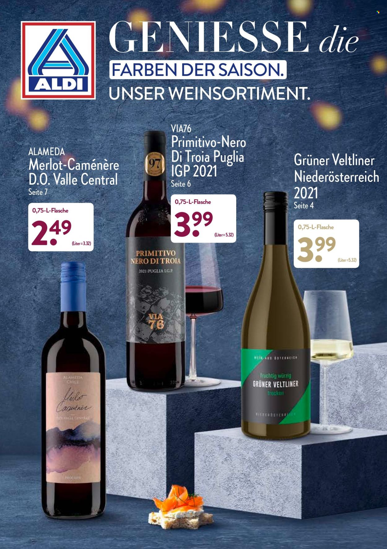 Prospekte ALDI Nord - Produkte in Aktion - LG, Alkohol, Wein, Primitivo, Merlot, Weißwein, Grüner Veltliner. Seite 1.
