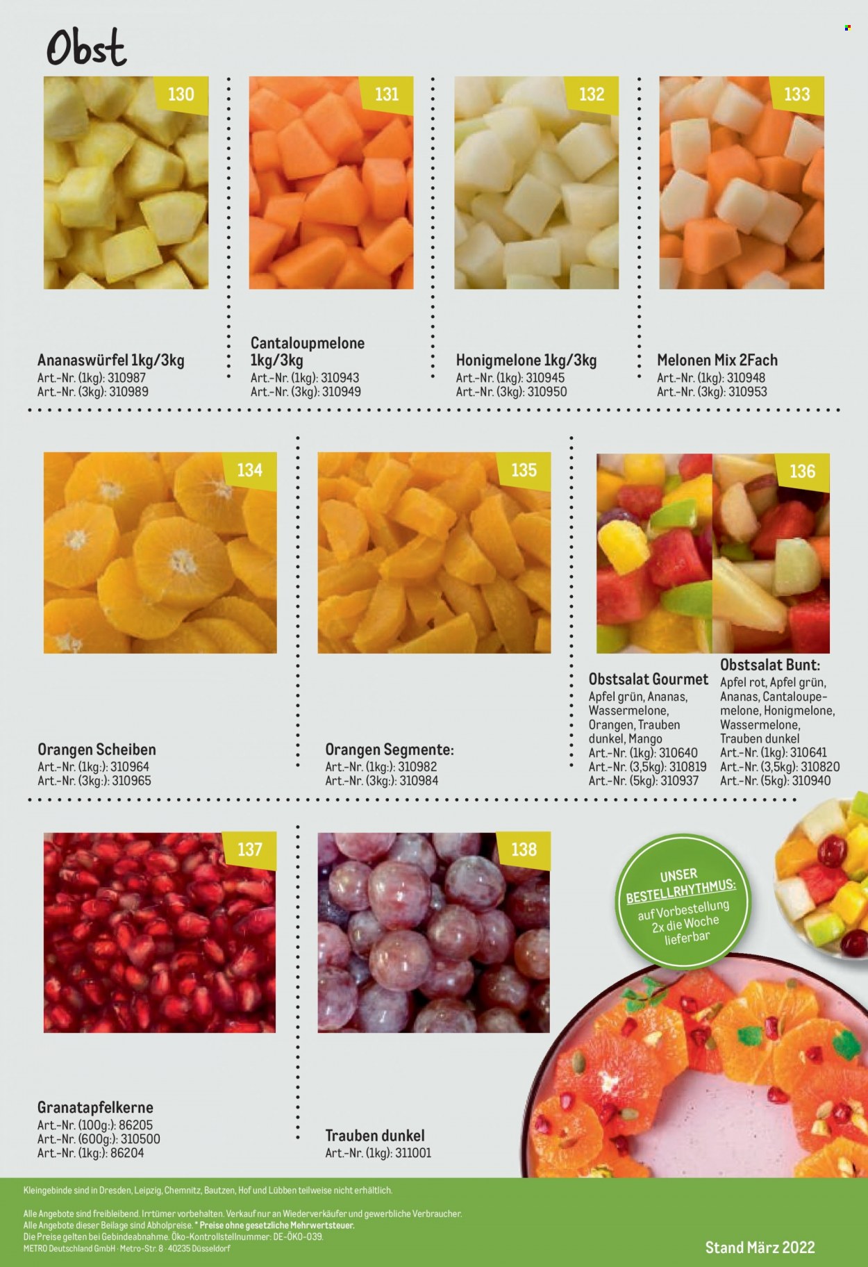 thumbnail - Prospekte Metro - Produkte in Aktion - Trauben, Ananas, Äpfel, Mango, Orangen, Honigmelone, Cantaloupe-melone, Wassermelone, Melone. Seite 21.