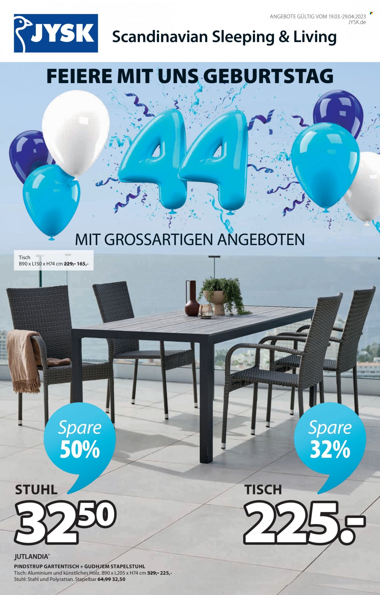 Prospekte JYSK - 19.03.2023 - 29.04.2023 - Produkte in Aktion - Tisch, Stuhl, Stapelstühl, Gartentisch. Seite 1.