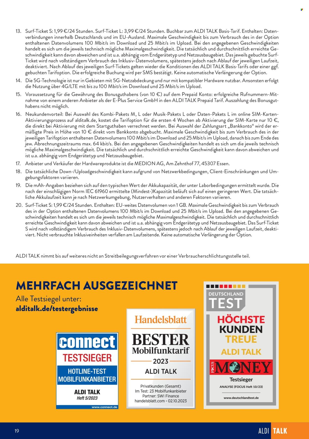 thumbnail - Prospekte ALDI SÜD - Produkte in Aktion - Medion, SIM-Karte. Seite 19.
