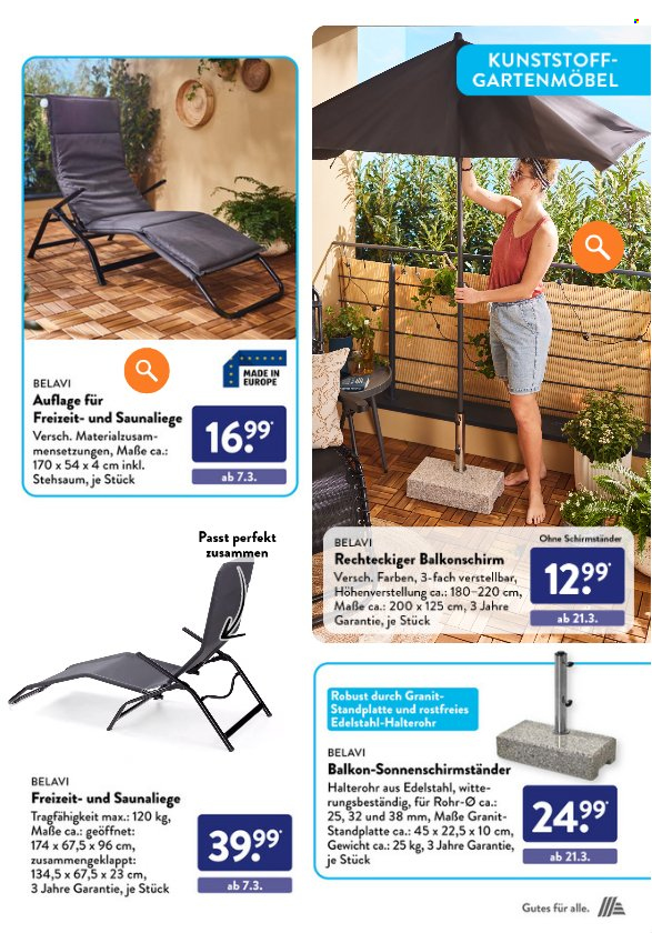 thumbnail - Prospekte ALDI SÜD - Produkte in Aktion - Sitzauflage, Gartenmöbel, Belavi, Sonnenliege, Sonnenschirm, Sonnenschirmhalter. Seite 7.