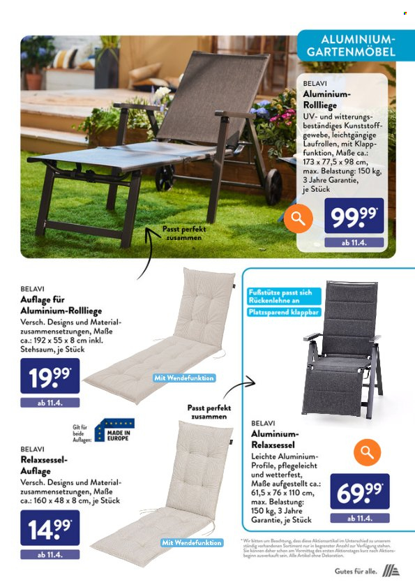 thumbnail - Prospekte ALDI SÜD - Produkte in Aktion - Fußstütze, Sitzauflage, Relaxsessel, Gartenmöbel, Belavi, Sonnenliege, Dekoration. Seite 11.