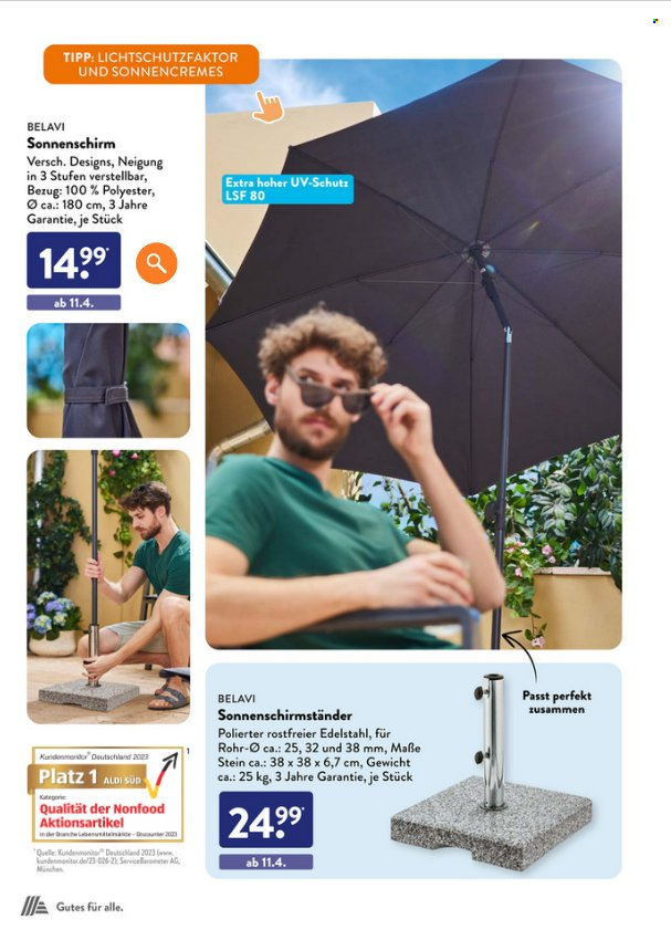 thumbnail - Prospekte ALDI SÜD - Produkte in Aktion - Belavi, Sonnenschirm, Sonnenschirmhalter. Seite 12.