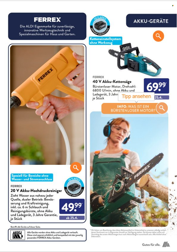 thumbnail - Prospekte ALDI SÜD - Produkte in Aktion - Reinigungsbürste, Hochdruckreiniger, Akku-Säge, Motorsäge. Seite 25.