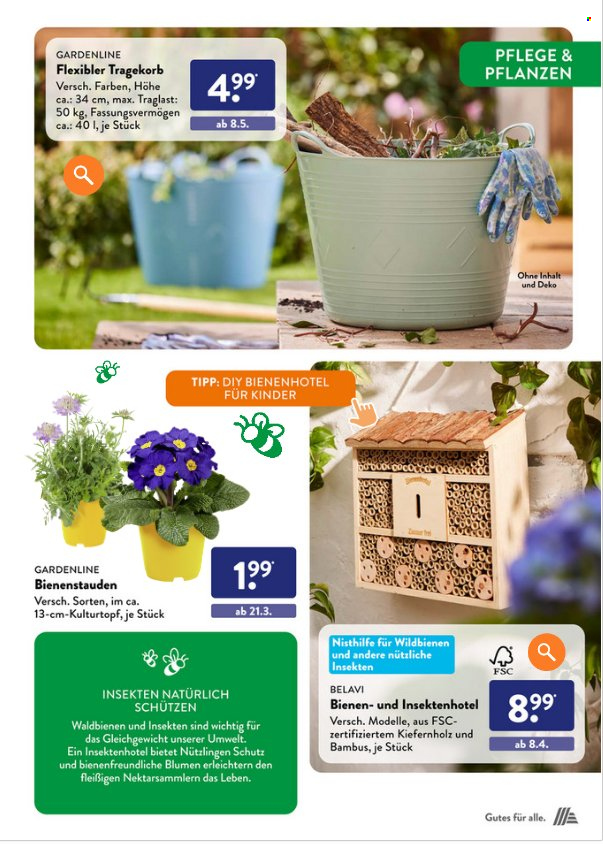 thumbnail - Prospekte ALDI SÜD - Produkte in Aktion - Korb, Insektenhotel, Belavi, Gardenline, Stauden, Bienenliebling Pflanze. Seite 33.