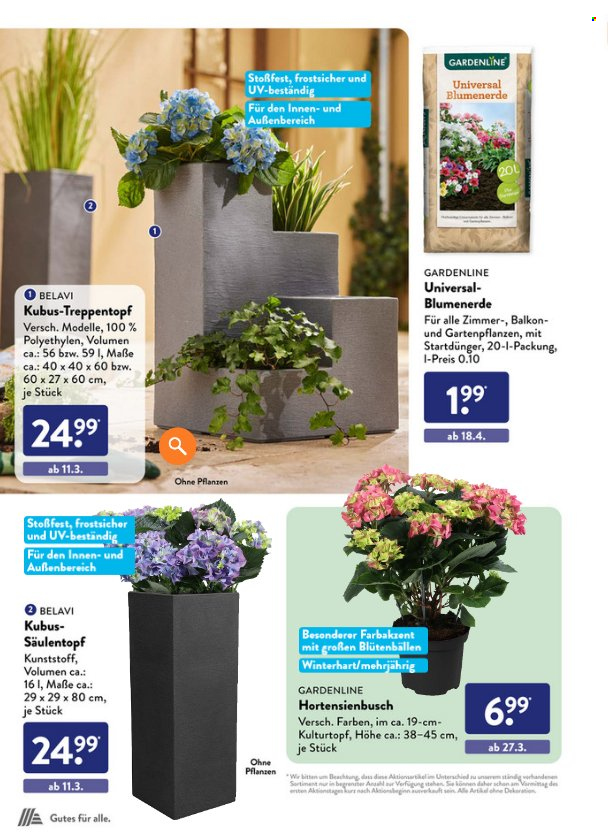 thumbnail - Prospekte ALDI SÜD - Produkte in Aktion - Belavi, Dekoration, Gardenline, Blumenerde, Hortensie, Pflanztopf, Erde. Seite 38.