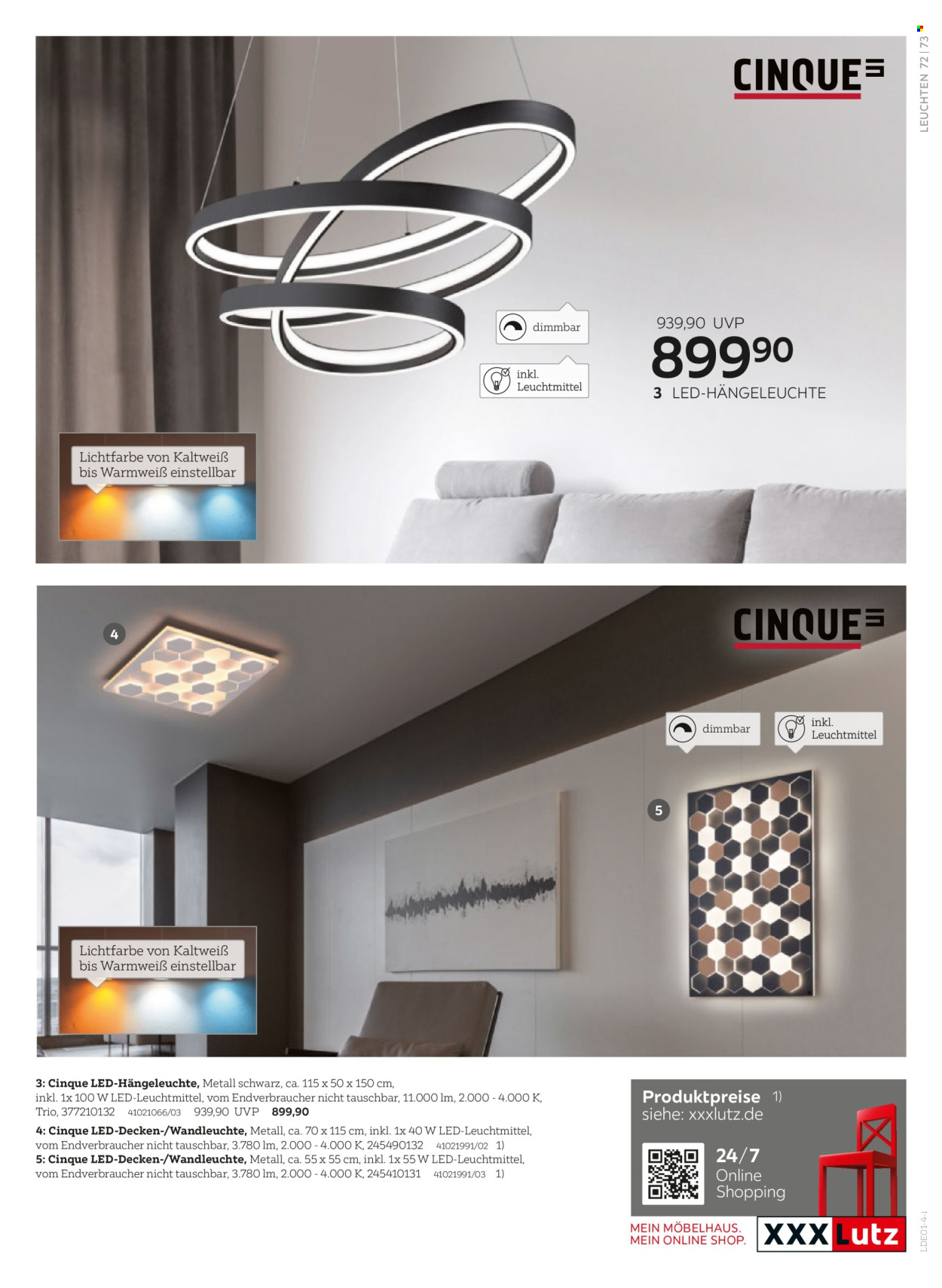 thumbnail - Prospekte XXXLutz - Produkte in Aktion - LED-Glühbirnen, LED-Hängeleuchte, Hängeleuchte, Wandleuchte. Seite 73.