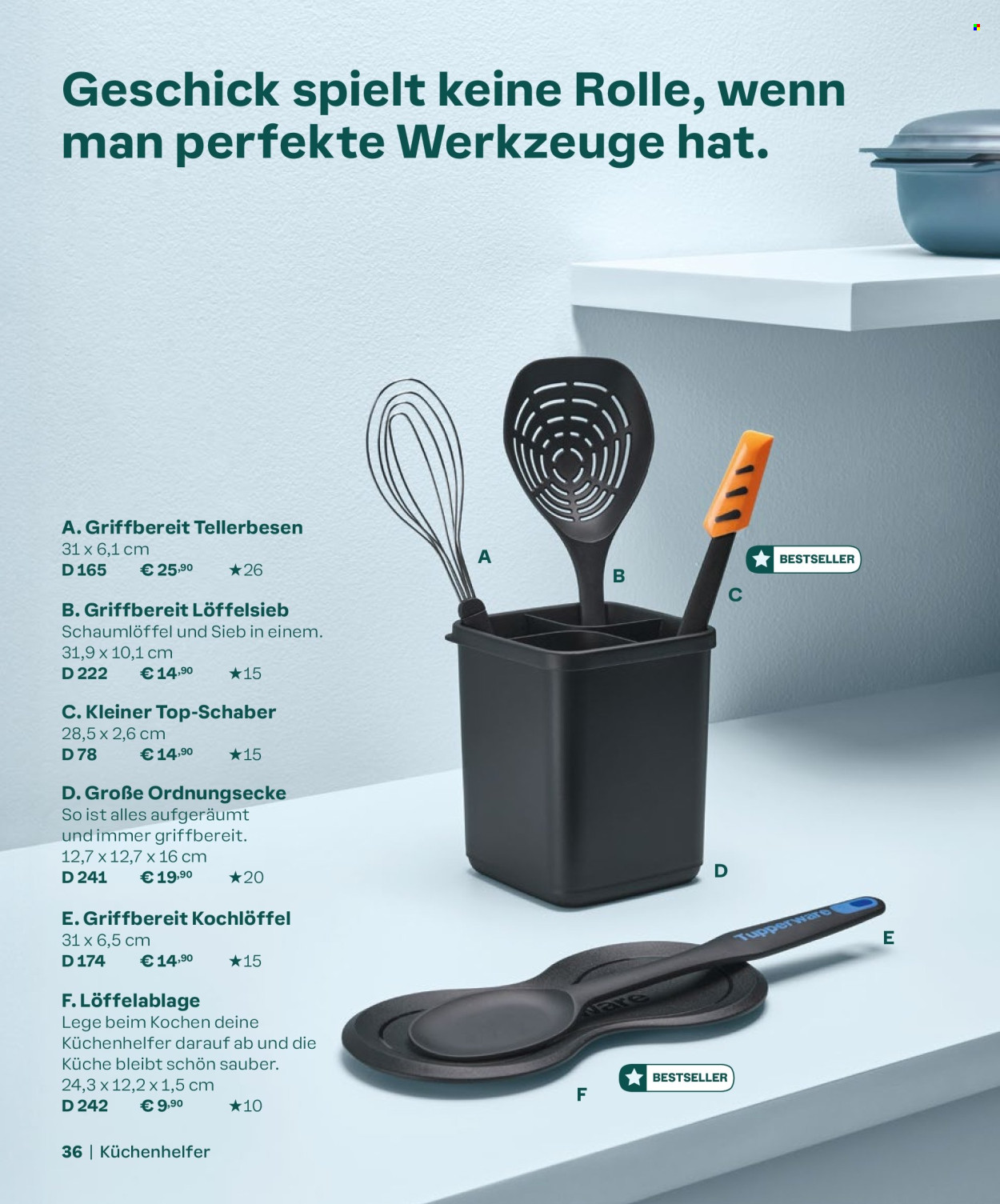 thumbnail - Prospekte Tupperware - Produkte in Aktion - Top-Schaber, Tupperware, Kochlöffel, Küchenhelfer, Sieb, Löffelablage. Seite 36.