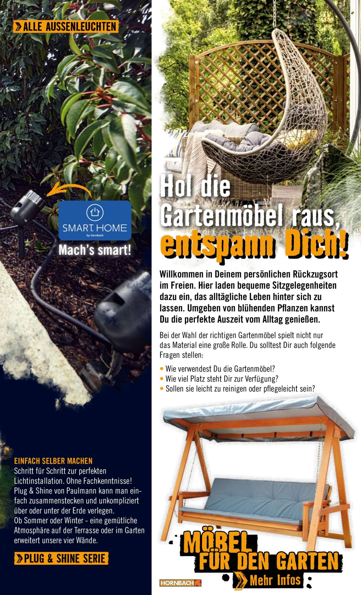 thumbnail - Prospekte Hornbach - Produkte in Aktion - Leuchtenserie 1ER-Spot, Outdoor-LED-Licht, Gartenmöbel, Sessel, Hängesessel. Seite 33.