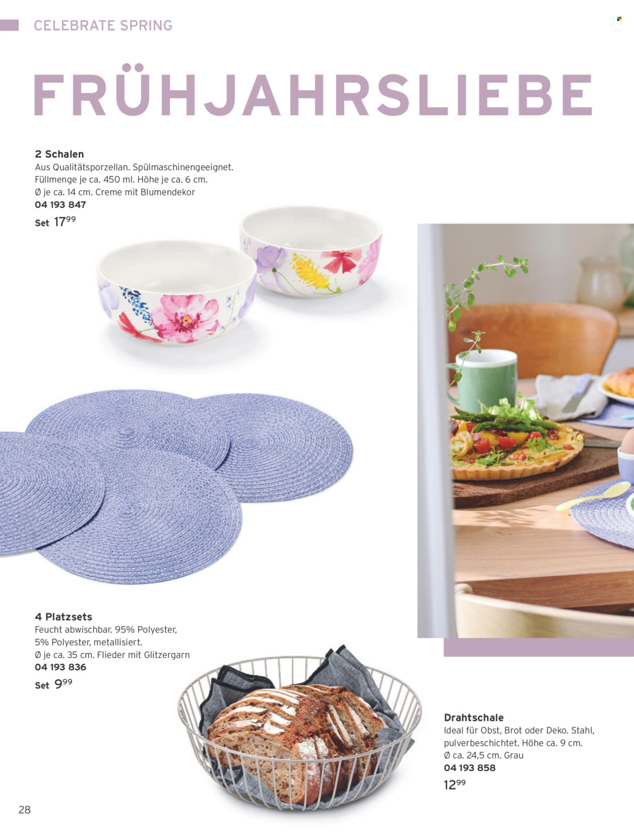 thumbnail - Prospekte Tchibo - Produkte in Aktion - Brot, Schüssel, Strickgarn, Platzdeckchen, Platzsets, Flieder. Seite 28.