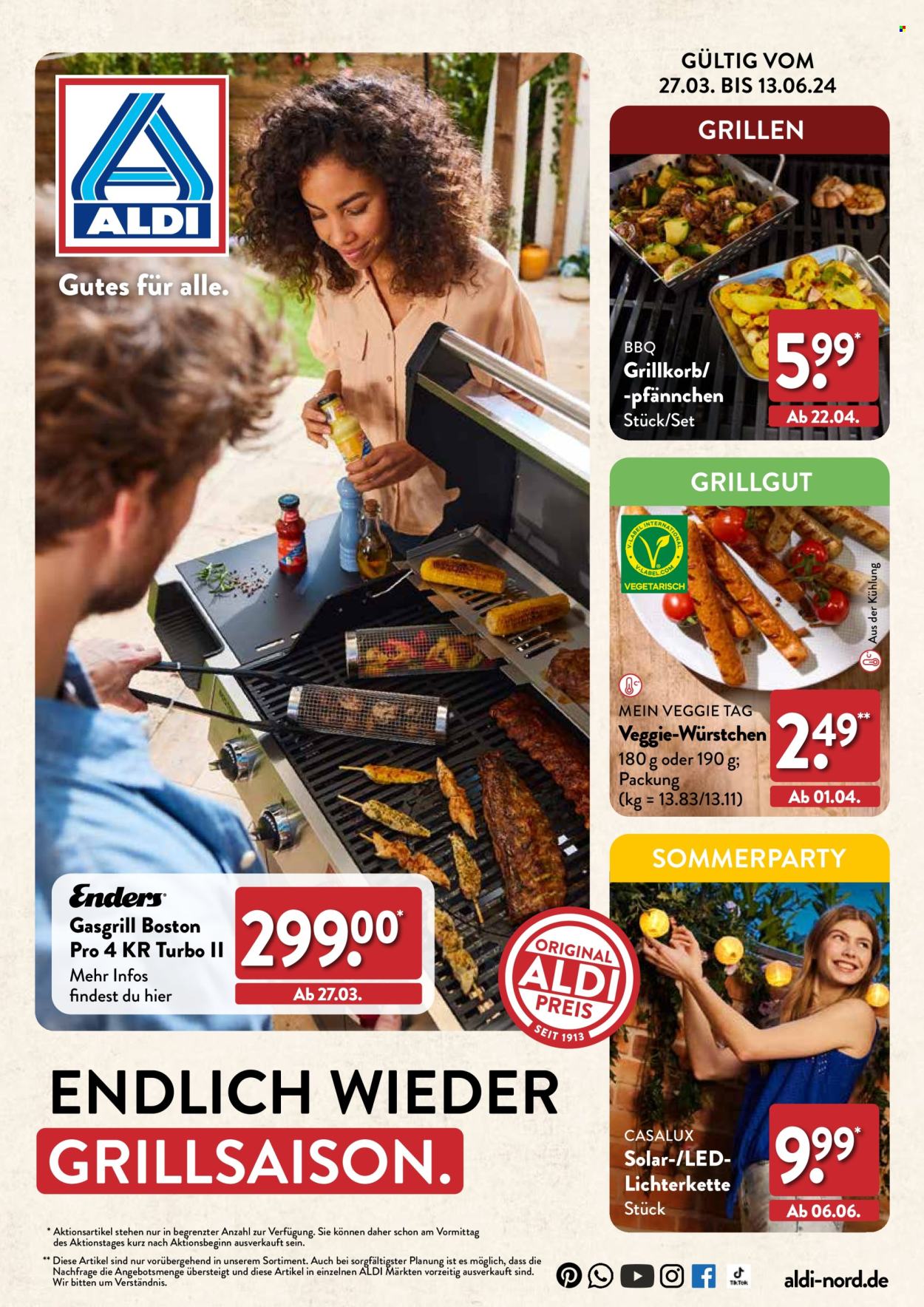thumbnail - Prospekte ALDI Nord - 27.03.2024 - 13.06.2024 - Produkte in Aktion - Vegane Fleisch, Würstchen, Grill, Grillzubehör, Gasgrill. Seite 1.