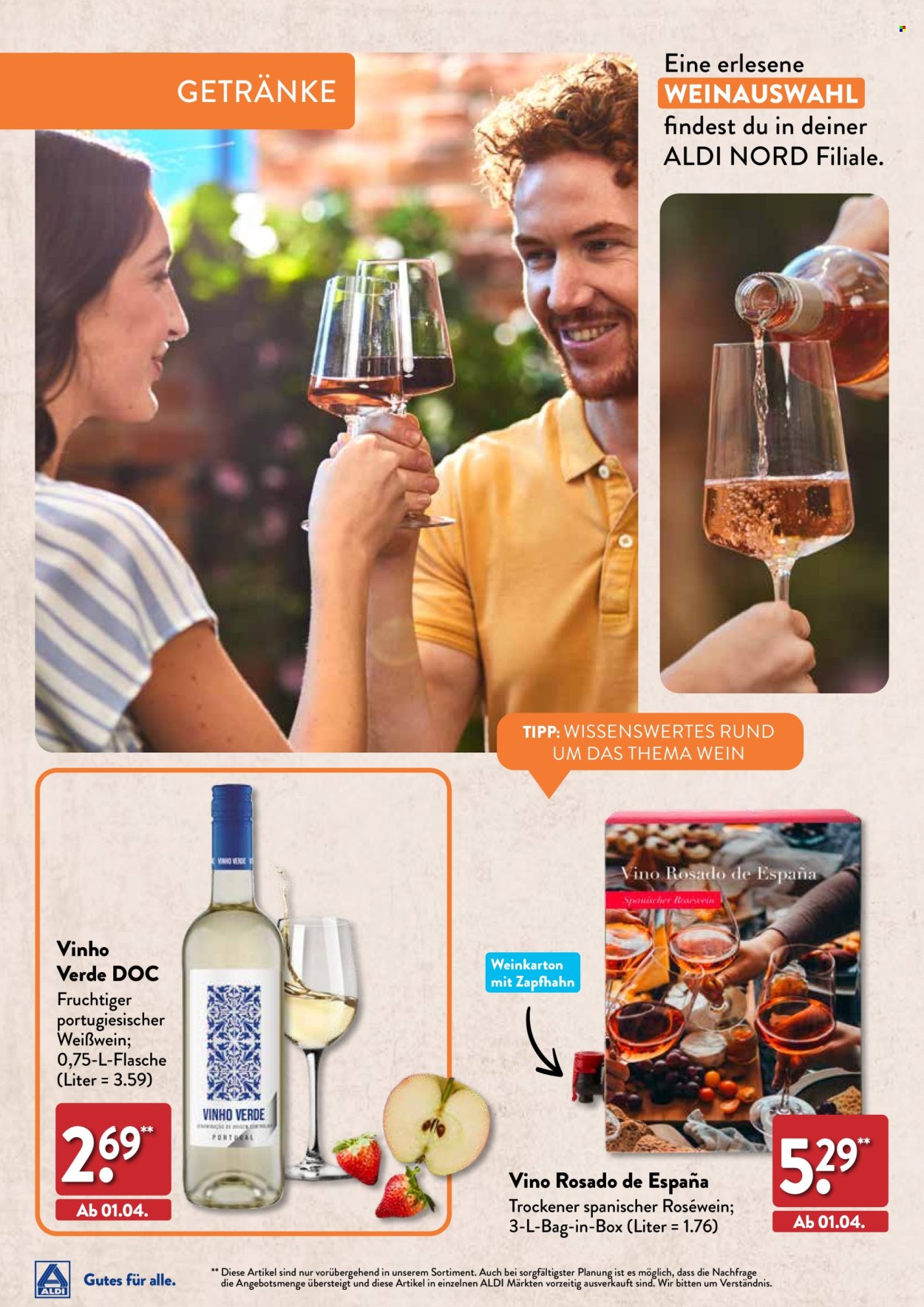 thumbnail - Prospekte ALDI Nord - 27.03.2024 - 13.06.2024 - Produkte in Aktion - Alkohol, Wein, Weißwein, Vinho Verde, Roséwein. Seite 20.