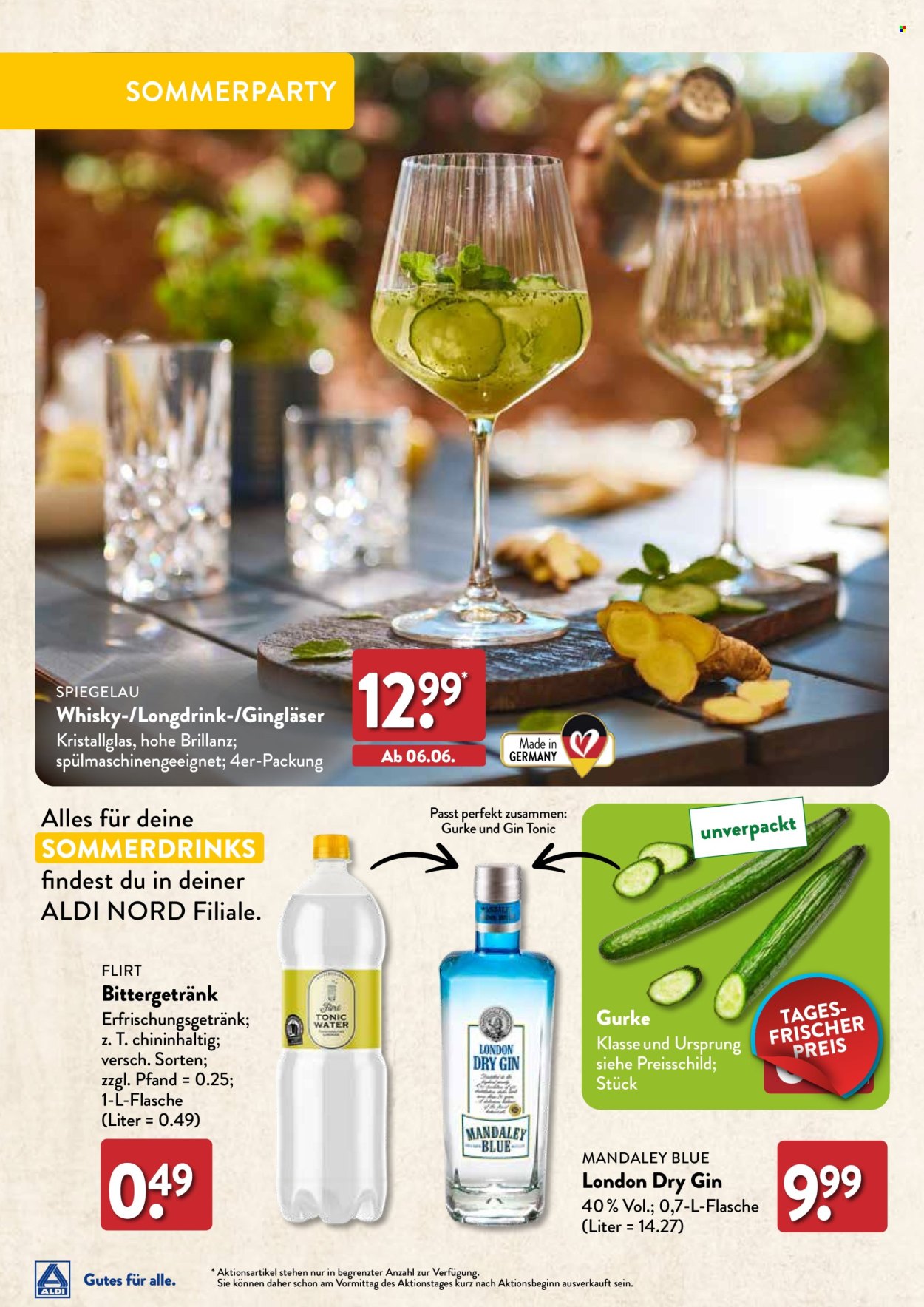 thumbnail - Prospekte ALDI Nord - 27.03.2024 - 13.06.2024 - Produkte in Aktion - Alkohol, Gurken, Getränk, London Dry Gin, Gin & Tonic, Mixgetränk, Whisky. Seite 24.