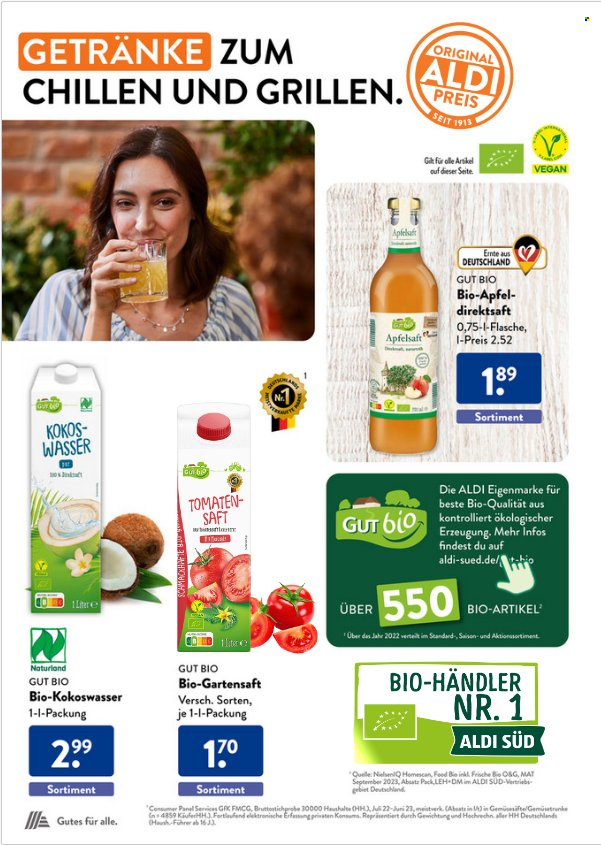 thumbnail - Prospekte ALDI SÜD - Produkte in Aktion - Gut Bio, Direktsaft, Saft, Apfeldirektsaft, Apfelsaft, Kokoswasser, Bio-Saft. Seite 12.