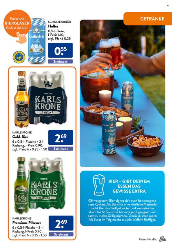 thumbnail - Prospekte ALDI SÜD - Produkte in Aktion - Pils, Bier, Alkohol, Schultenbräu Helles, Waffeln, Marinade, Biergläser. Seite 25.