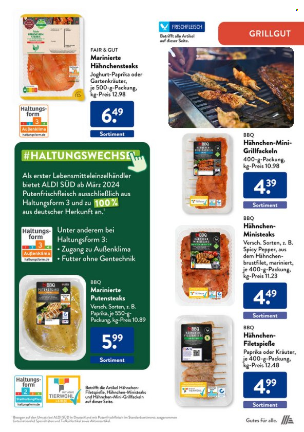 thumbnail - Prospekte ALDI SÜD - Produkte in Aktion - Steak, Hähnchenbrustfilet, Putenfleisch, Brustfilet, Grill-Fackeln, Hähnchenspieße, Hähnchenfleisch, Fleischspieße, mariniertes Fleisch, Hähnchensteak, Joghurt. Seite 26.
