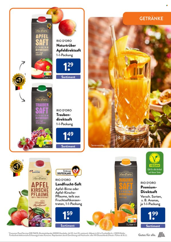 thumbnail - Prospekte ALDI SÜD - Produkte in Aktion - Trauben, Mandarinen, Direktsaft, Saft, Fruchtsaft, Apfeldirektsaft, Apfelsaft, Traubensaft. Seite 33.
