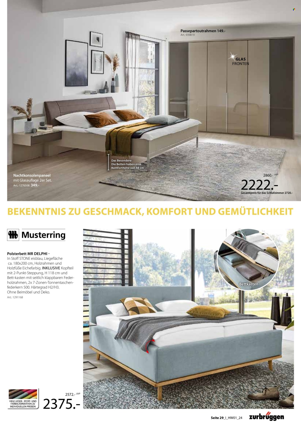 thumbnail - Prospekte Zurbrüggen - 28.03.2024 - 17.08.2024 - Produkte in Aktion - Bett, Polsterdoppelbett, Kopfteil, Matratze. Seite 29.