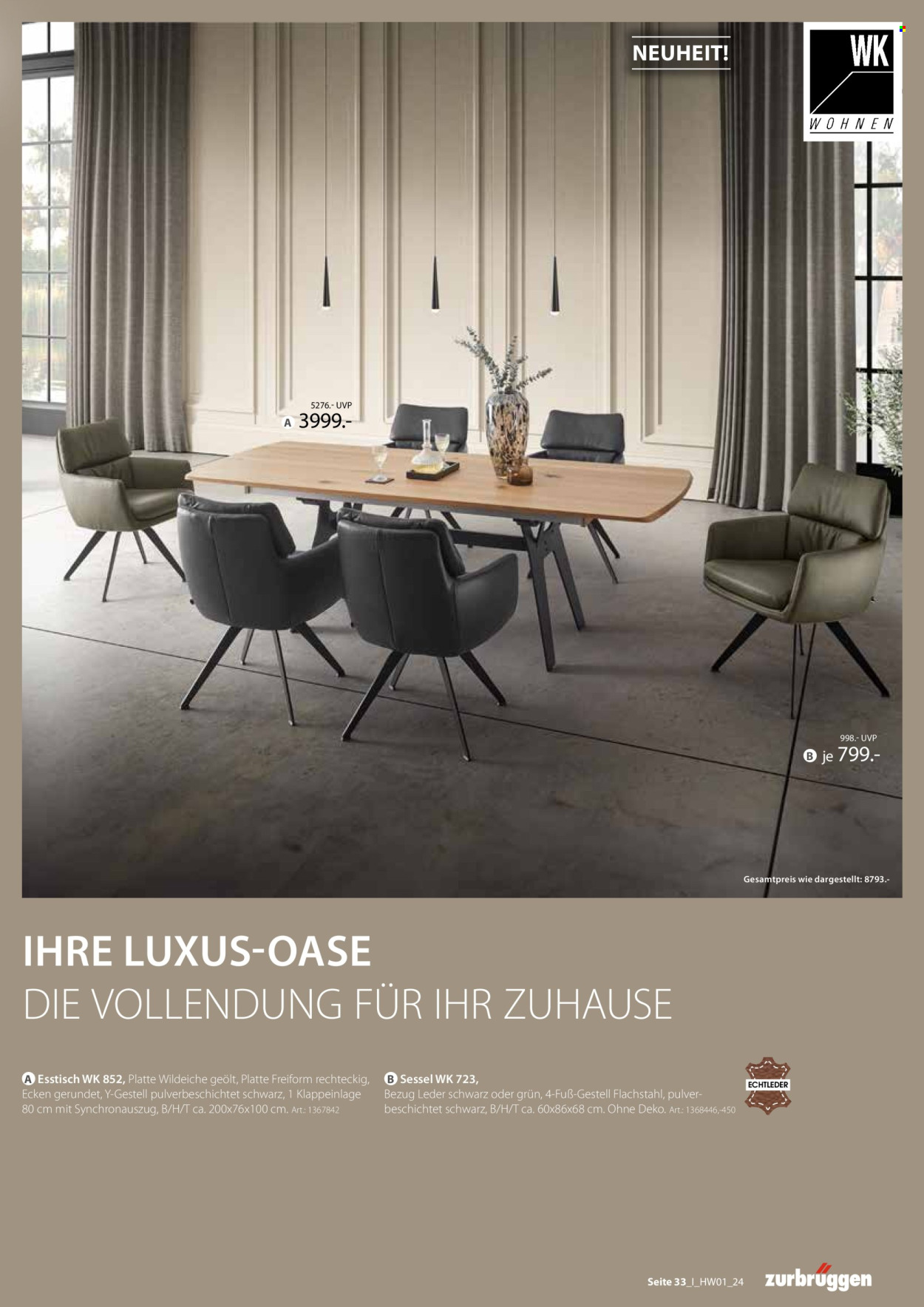 thumbnail - Prospekte Zurbrüggen - 28.03.2024 - 17.08.2024 - Produkte in Aktion - Tisch, Esstisch, Sessel. Seite 33.