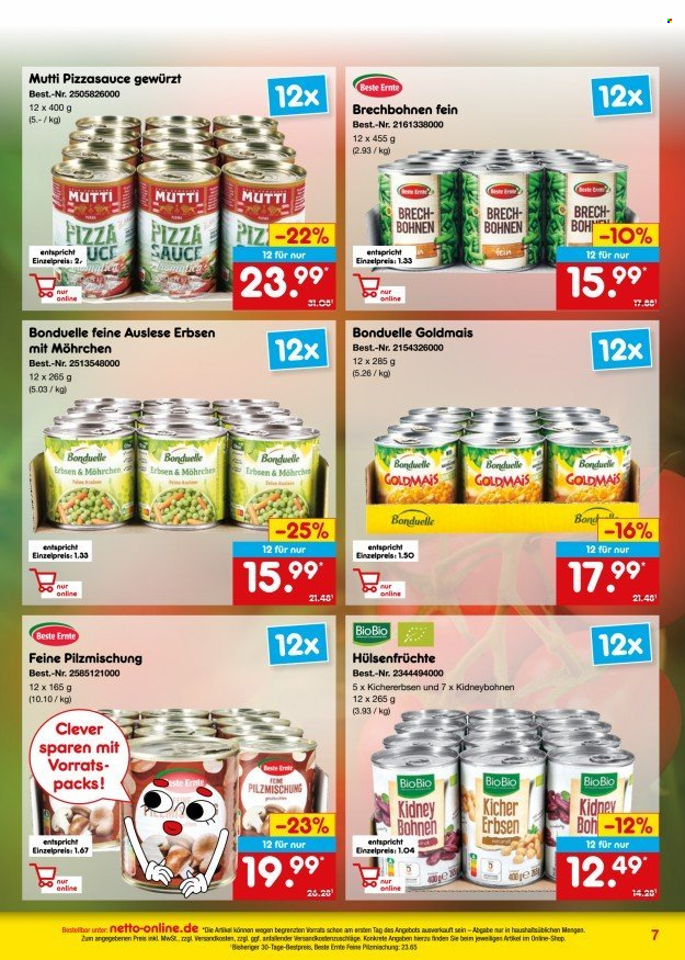 thumbnail - Prospekte Netto Marken-Discount - 1.04.2024 - 30.04.2024 - Produkte in Aktion - Bonduelle, Hülsenfrüchte, Pilzmischung, Mutti, Soße, Mais, Gemüsekonserve, Brechbohnen. Seite 7.