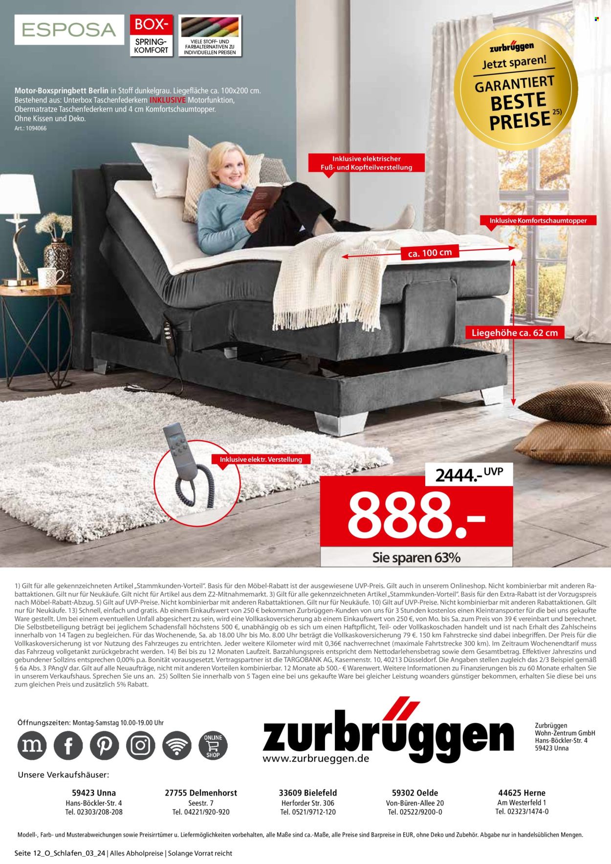 thumbnail - Prospekte Zurbrüggen - 30.03.2024 - 31.05.2024 - Produkte in Aktion - Boxspringbett, Bett. Seite 12.