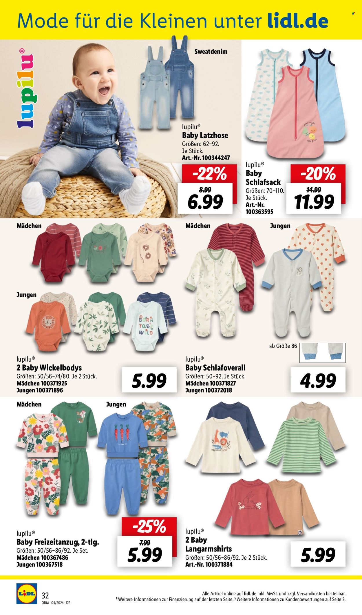 thumbnail - Prospekte Lidl - 1.04.2024 - 30.04.2024 - Produkte in Aktion - Lupilu, Latzhose, Hose, Denimhose, Overall, Langarmshirt, Baby Schlafoverall, Schlafsack. Seite 32.