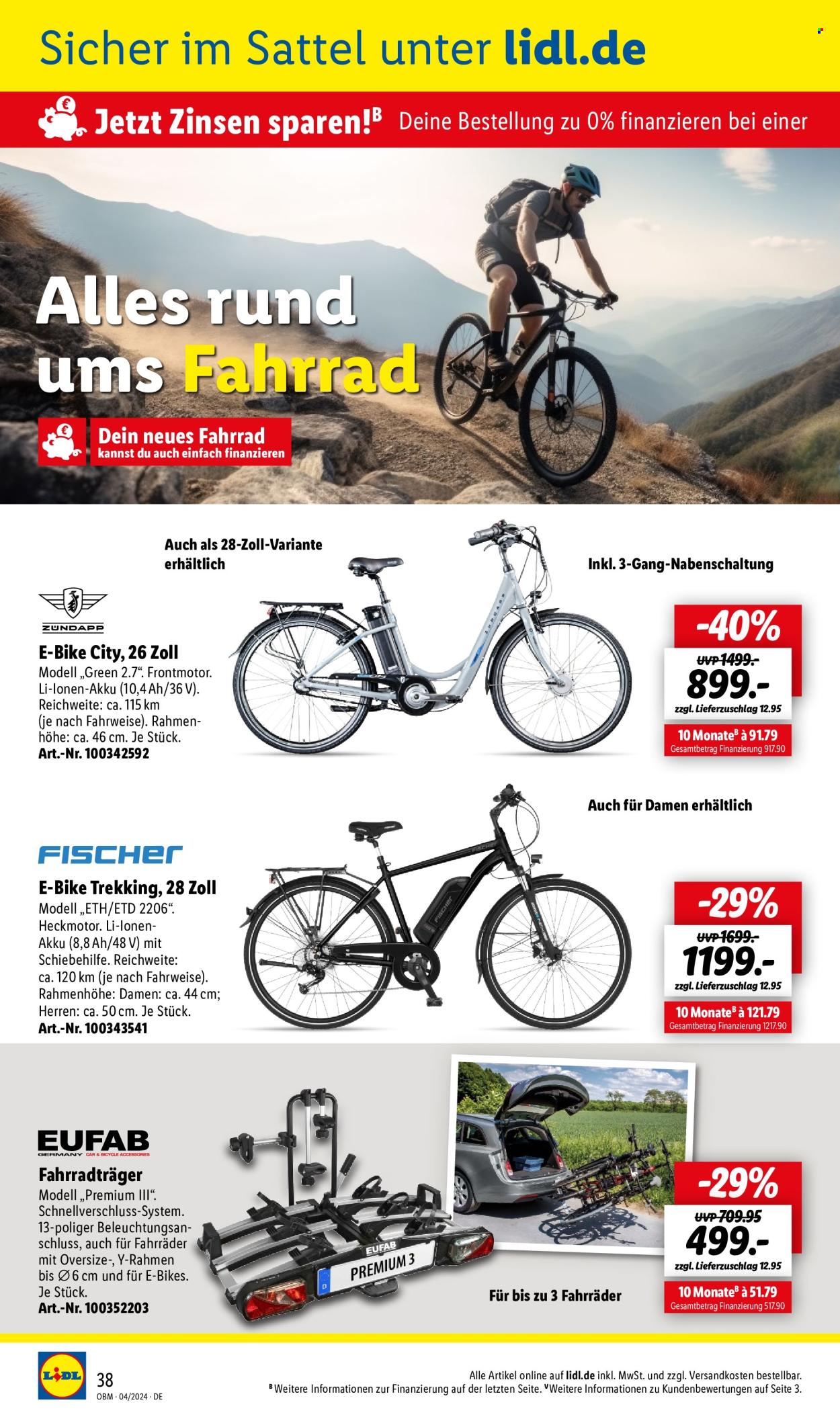 thumbnail - Prospekte Lidl - 1.04.2024 - 30.04.2024 - Produkte in Aktion - Fischer, Fahrrad, Trekkingbike, Fahrradheckträger. Seite 38.