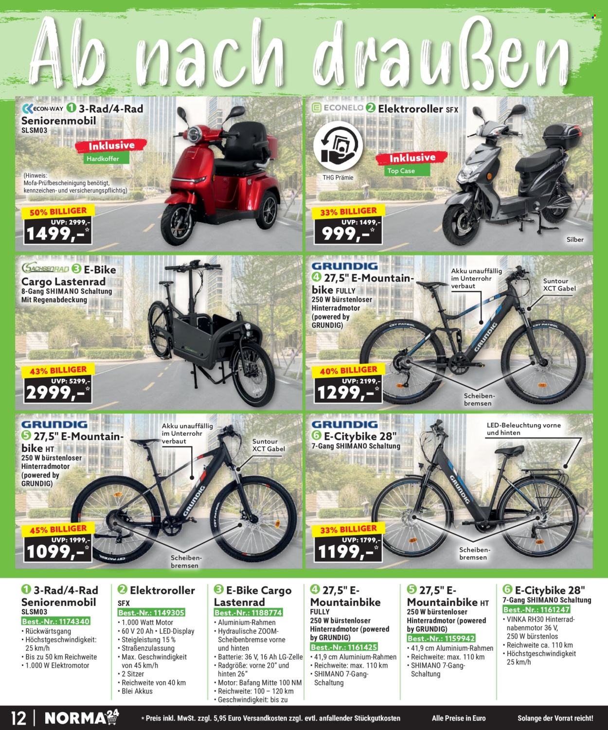 thumbnail - Prospekte Norma - 3.04.2024 - 30.04.2024 - Produkte in Aktion - LG, Grundig, Batterien, Elektroroller, E-Bike, Seniorenmobil, Top, Mountainbike, Reifen. Seite 12.