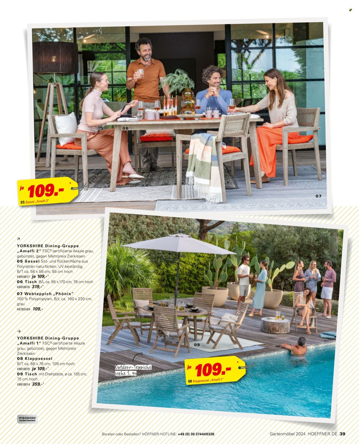 thumbnail - Prospekte Höffner - 5.04.2024 - 31.08.2024 - Produkte in Aktion - Tisch, Kissen, Sessel, Gartenmöbel, Klappsessel, Webteppich, Teppich. Seite 39.