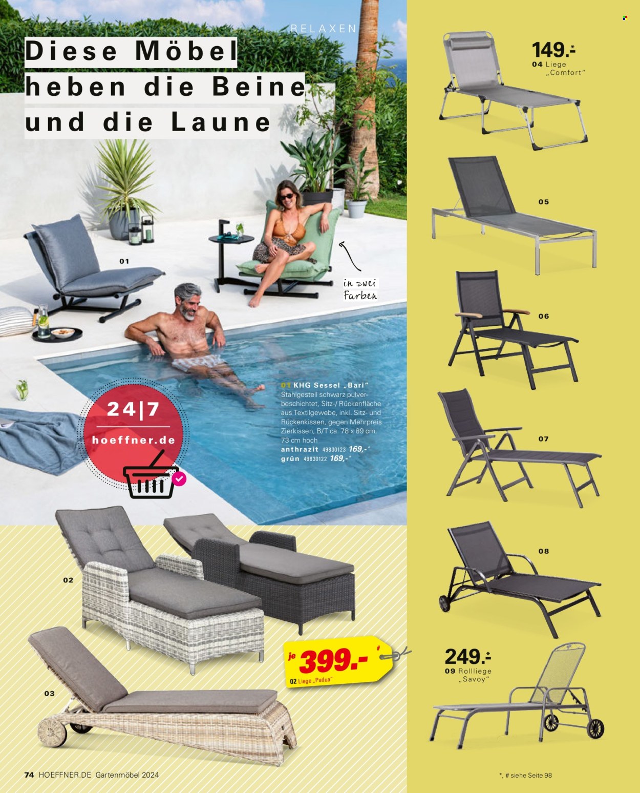 thumbnail - Prospekte Höffner - 5.04.2024 - 31.08.2024 - Produkte in Aktion - Kissen, Sessel, Gartenmöbel, Sonnenliege, Liege. Seite 74.