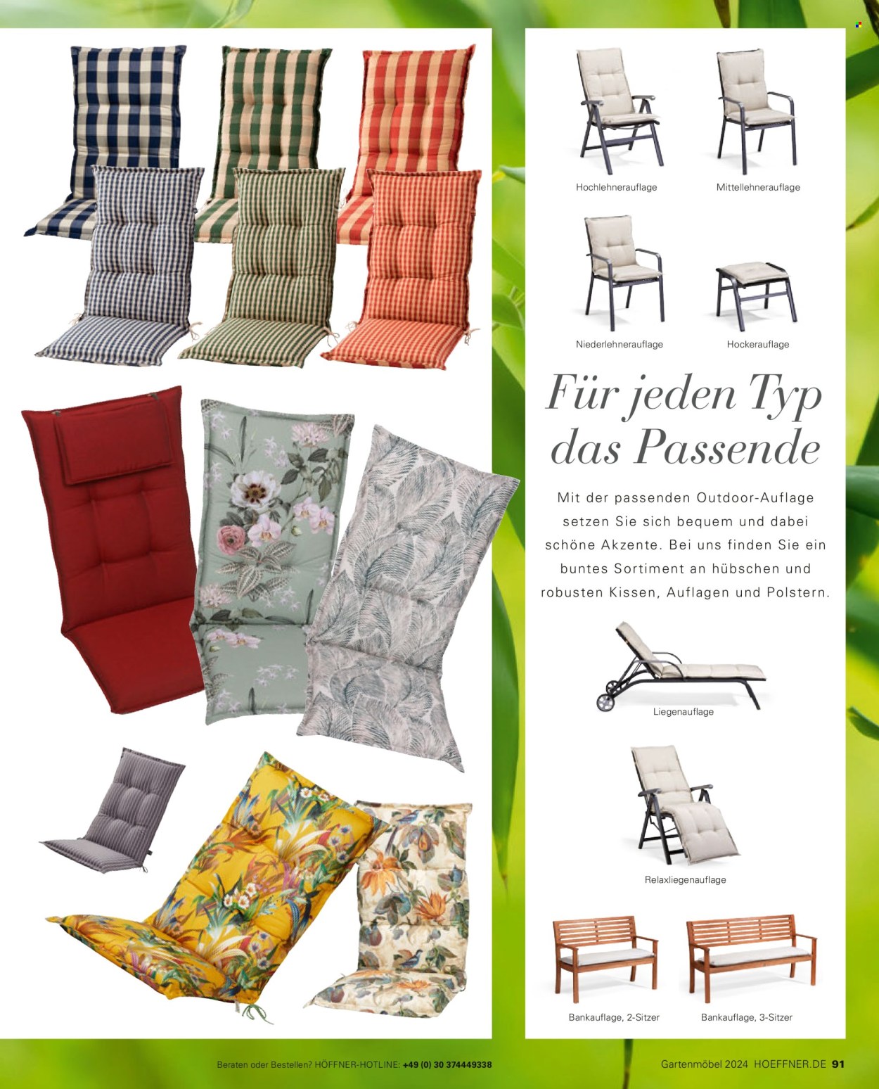 thumbnail - Prospekte Höffner - 5.04.2024 - 31.08.2024 - Produkte in Aktion - Sitzauflage, Kissen, Liegenauflage, Gartenmöbel. Seite 91.