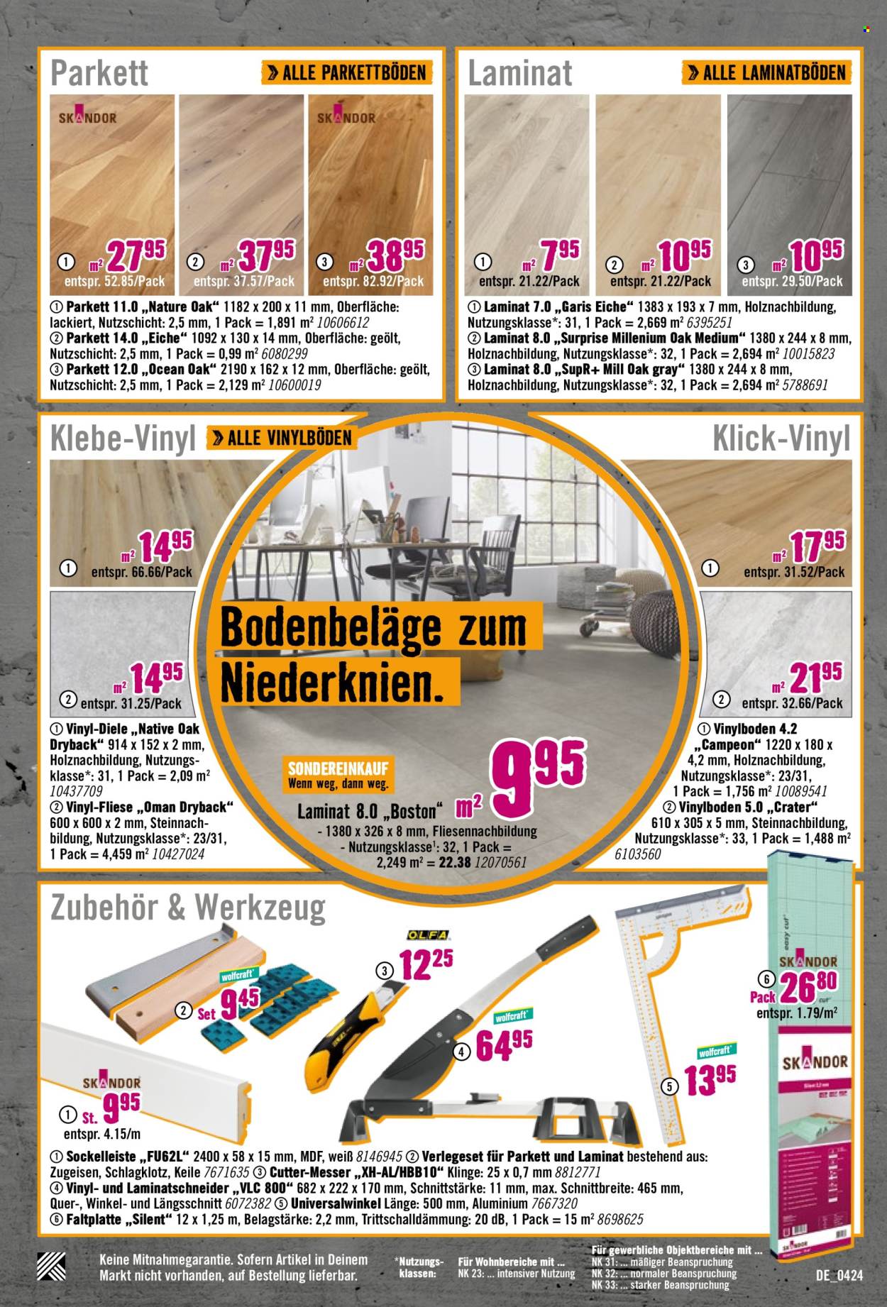 thumbnail - Prospekte Hornbach - 10.04.2024 - 8.05.2024 - Produkte in Aktion - Messer, Vinylboden, Fertigparkett, Sockelleiste, Laminat, Laminatschneider, Verlegeset, Werkzeug. Seite 28.
