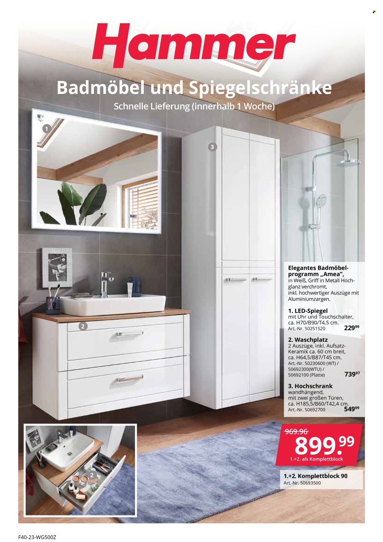 thumbnail - Prospekte Hammer - Produkte in Aktion - Schrank, Komplettblock, Waschplatz, Bademöbel, Hochschrank, Spiegel, Hammer. Seite 1.