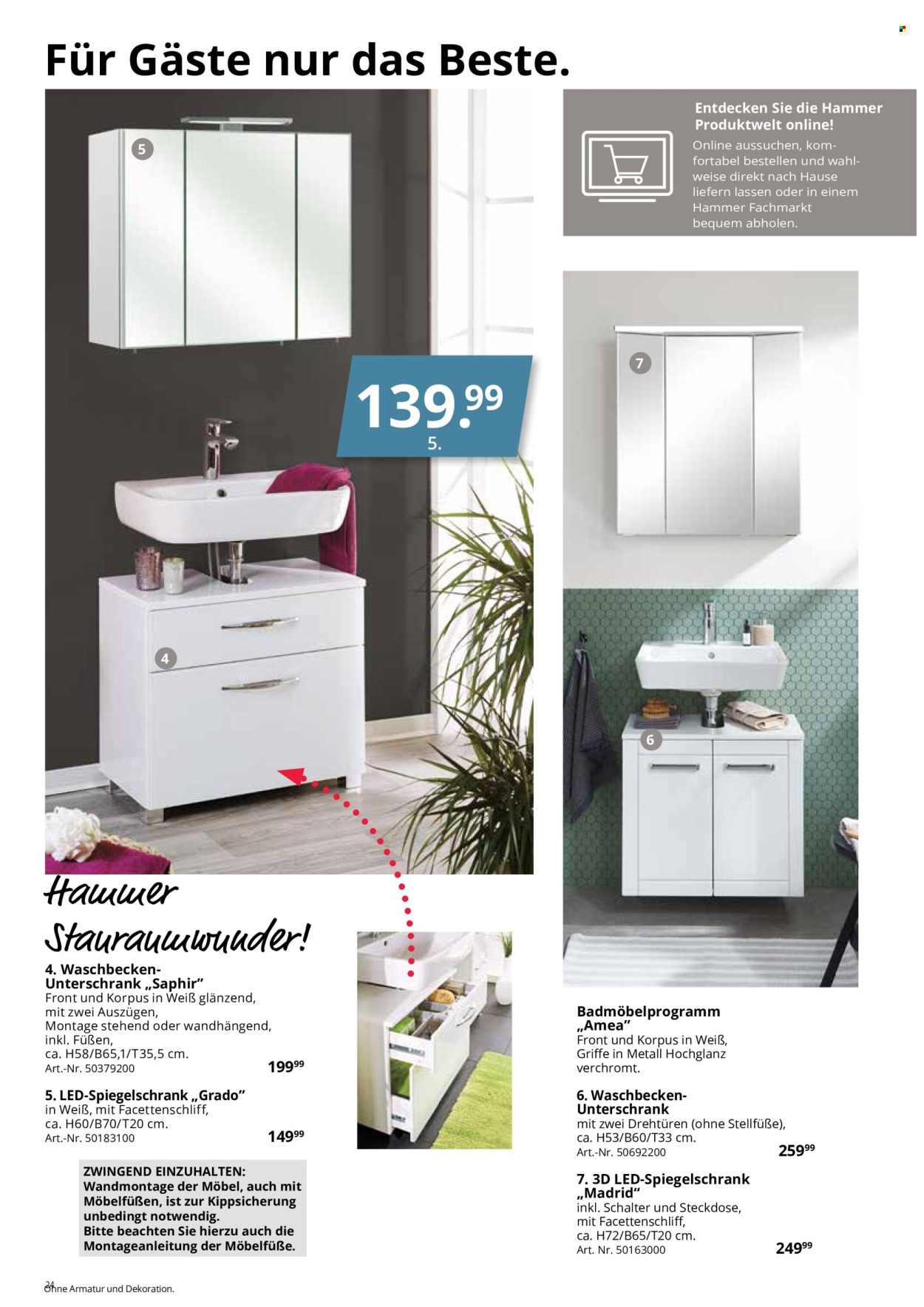 thumbnail - Prospekte Hammer - Produkte in Aktion - Waschbeckenunterschrank, Spiegelschrank, Bademöbel, Dekoration, Steckdose, Hammer. Seite 24.