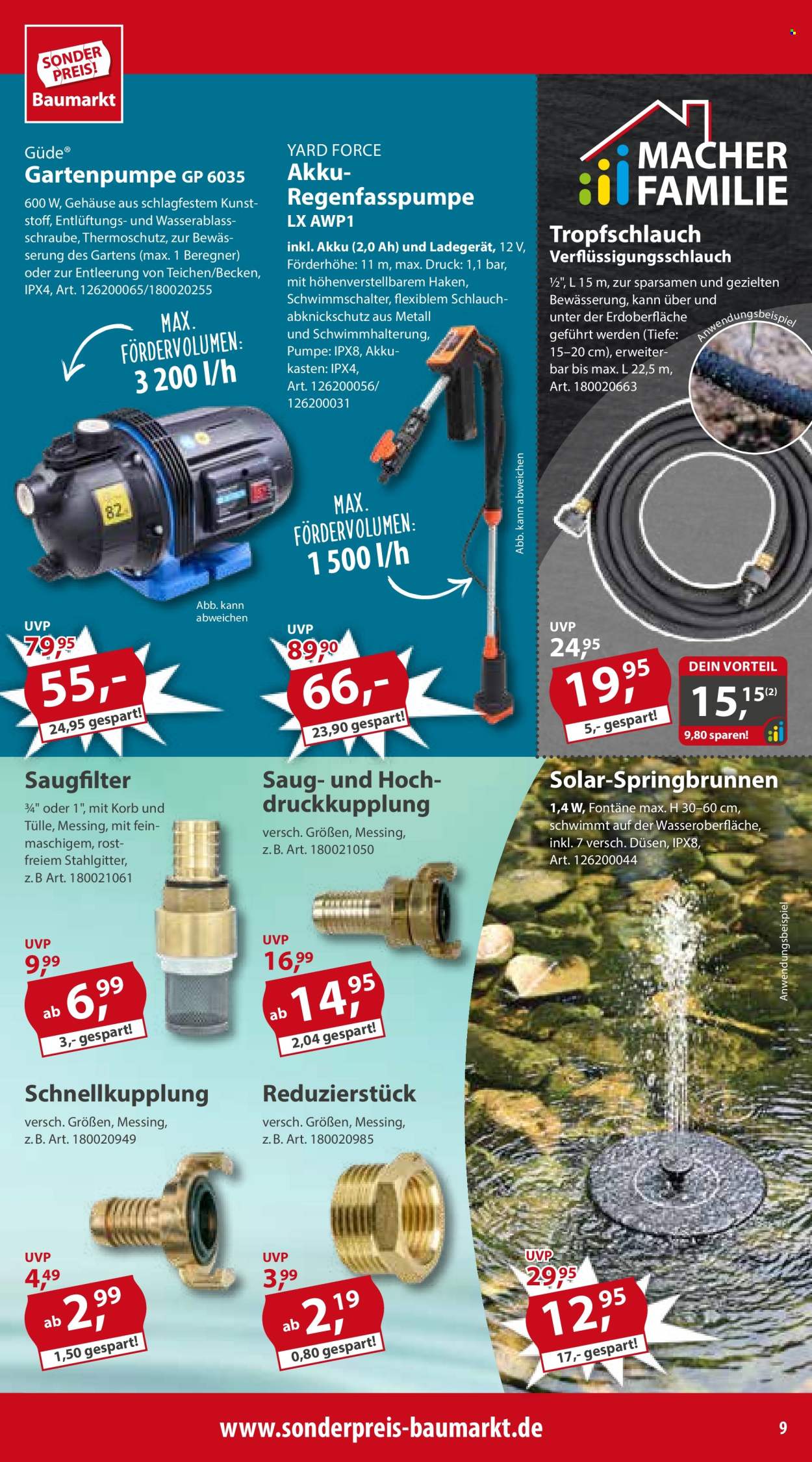 thumbnail - Prospekte Sonderpreis-Baumarkt - 27.04.2024 - 3.05.2024 - Produkte in Aktion - Haken, Korb, Dekoleuchte, Solarleuchte, Gartenpumpe, Spring Brunnen. Seite 9.