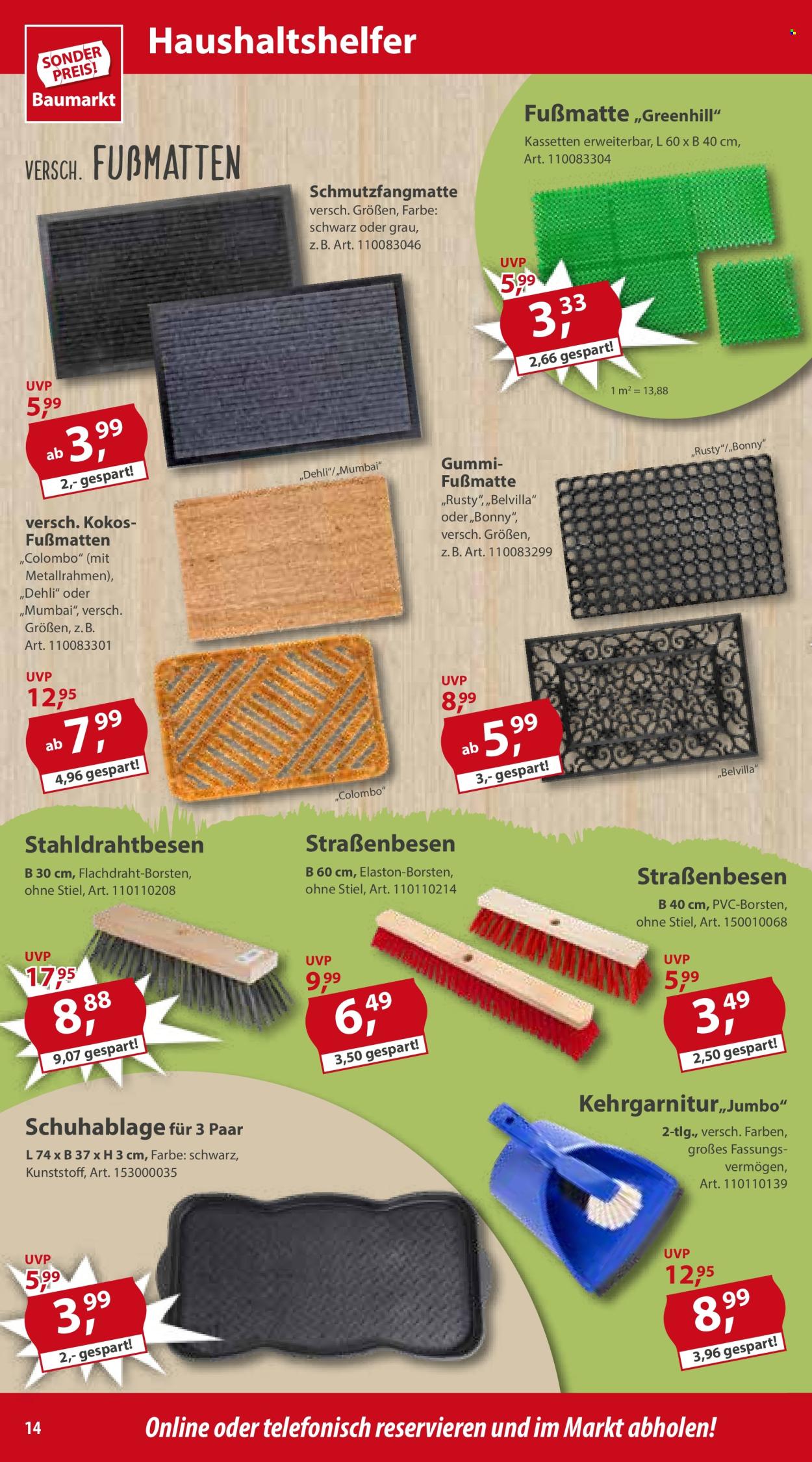 thumbnail - Prospekte Sonderpreis-Baumarkt - 27.04.2024 - 3.05.2024 - Produkte in Aktion - Schuhabtropfschalen, Haushaltshelfer, Kehrgarnitur, Besen, Fußmatte. Seite 14.