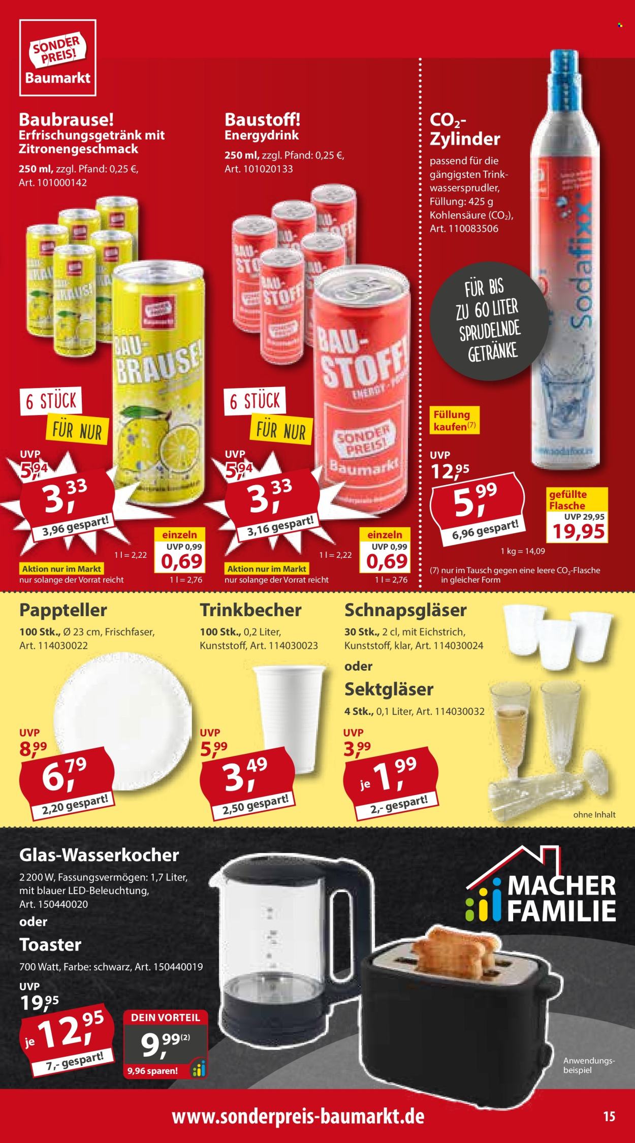 thumbnail - Prospekte Sonderpreis-Baumarkt - 27.04.2024 - 3.05.2024 - Produkte in Aktion - Weingläser, Wassersprudler, Trinkbecher, Gläser, Pappteller. Seite 15.