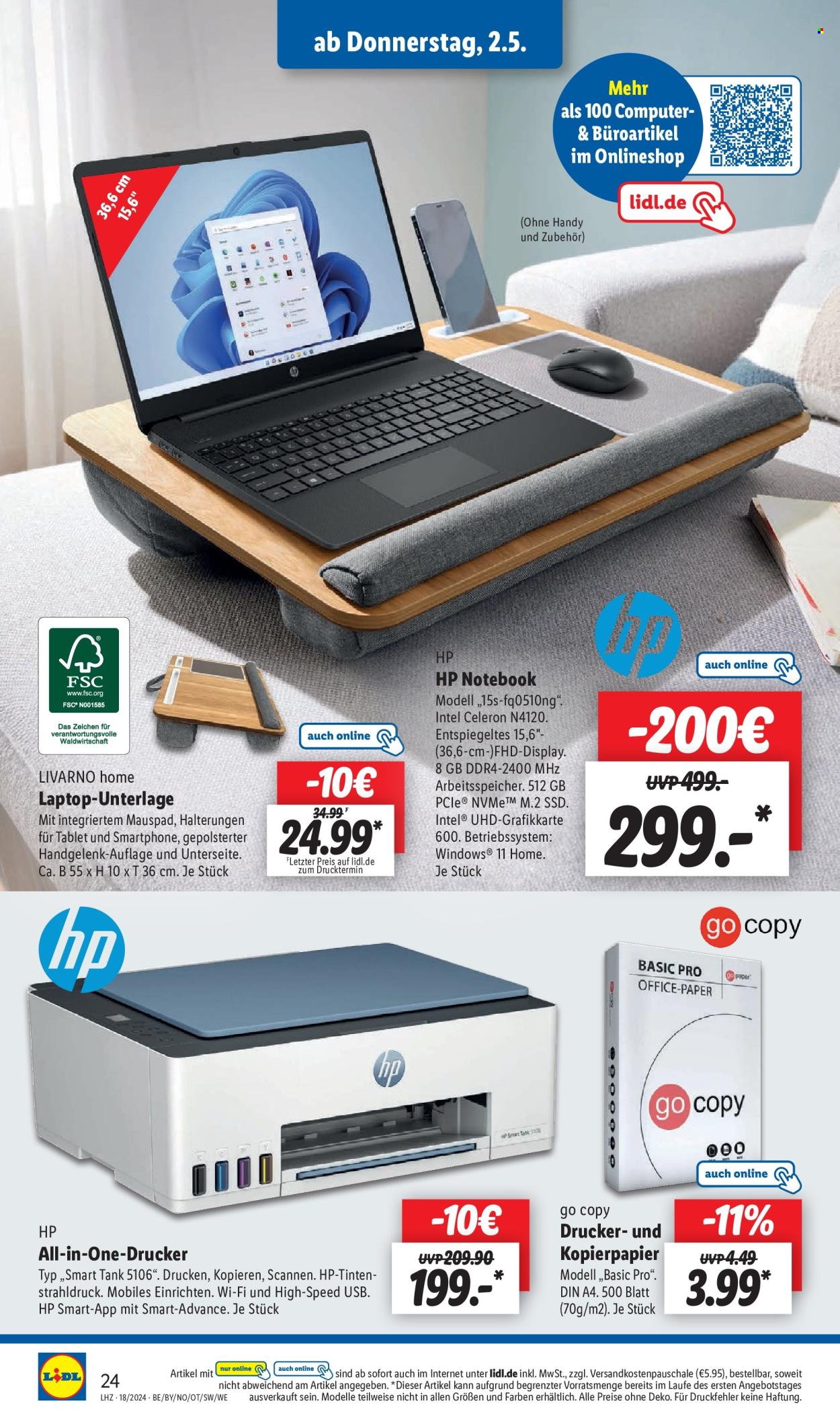 thumbnail - Prospekte Lidl - 29.04.2024 - 4.05.2024 - Produkte in Aktion - HP, Laptop, Laptop-Unterlage, Multifunktionsdrucker, Kopierpapier. Seite 28.