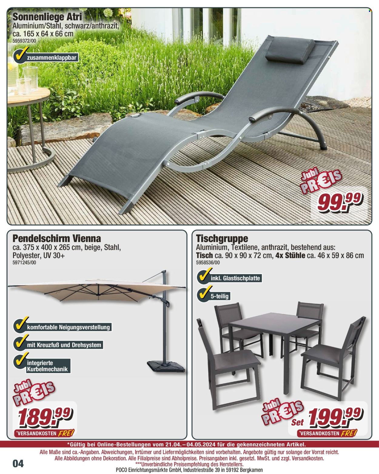 thumbnail - Prospekte Poco - 21.04.2024 - 4.05.2024 - Produkte in Aktion - Tischgruppe, Sonnenliege, Dekoration, Sonnenschirm. Seite 4.