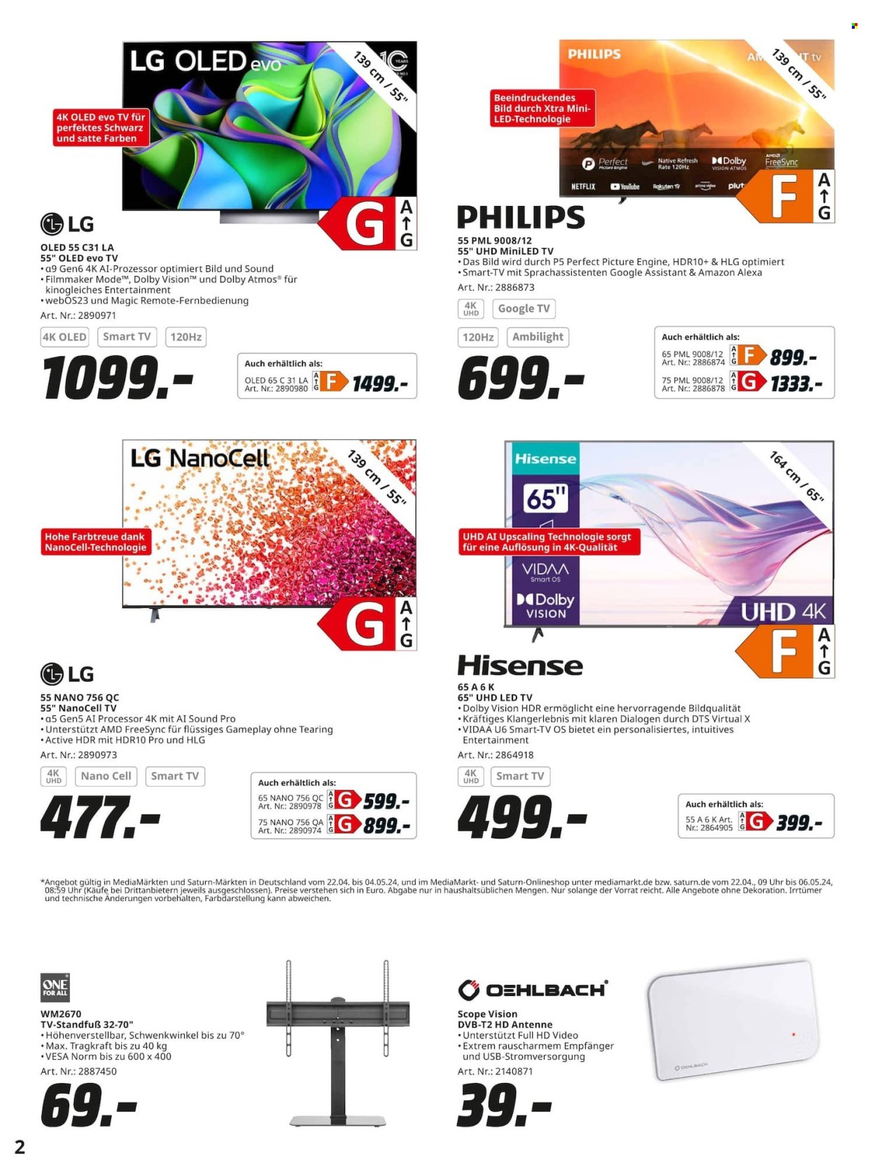 thumbnail - Prospekte Saturn - 22.04.2024 - 6.05.2024 - Produkte in Aktion - Philips, LG, LED TV, Hisense, Smart TV, Fernseher, Fernbedienung, Antenne, Dekoration. Seite 2.