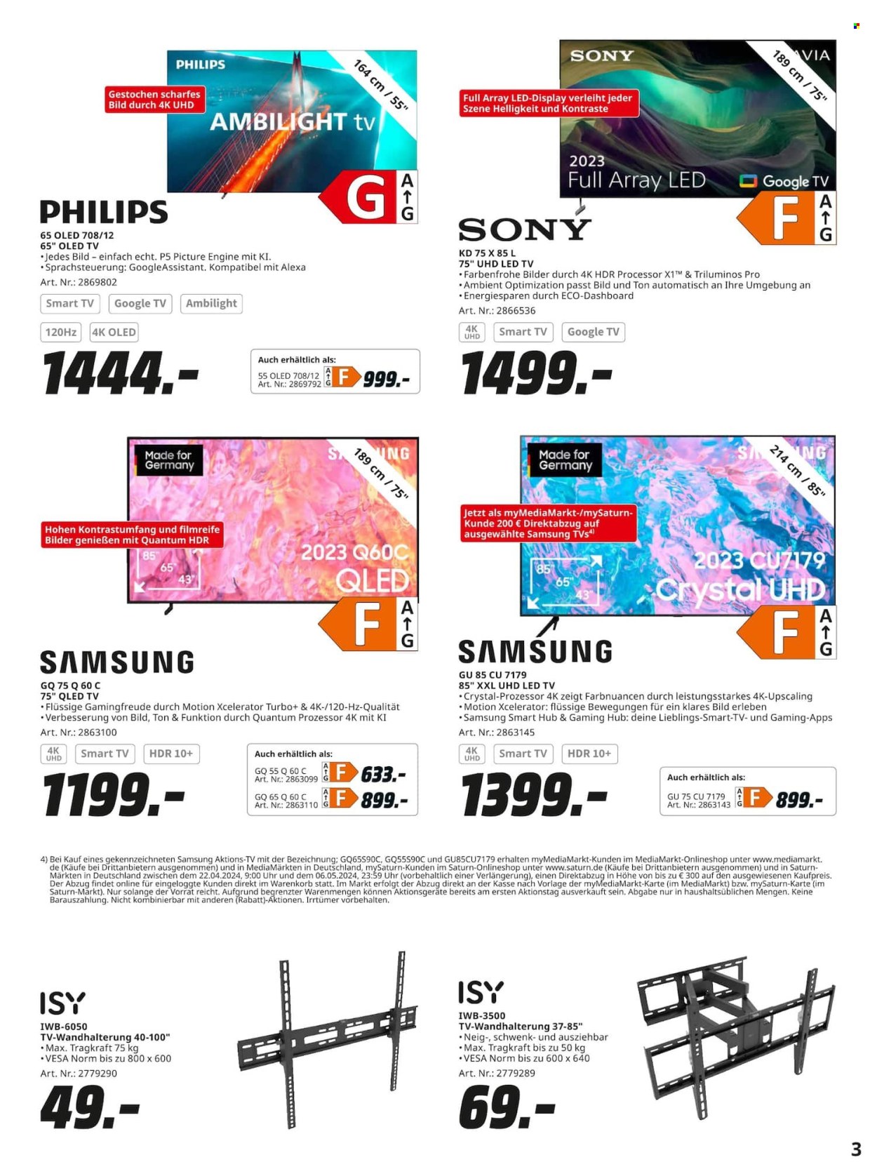 thumbnail - Prospekte Saturn - 22.04.2024 - 6.05.2024 - Produkte in Aktion - Philips, Samsung, Sony, LED TV, Oled-TV, Smart TV, Fernseher, TV-Wandhalterung. Seite 3.