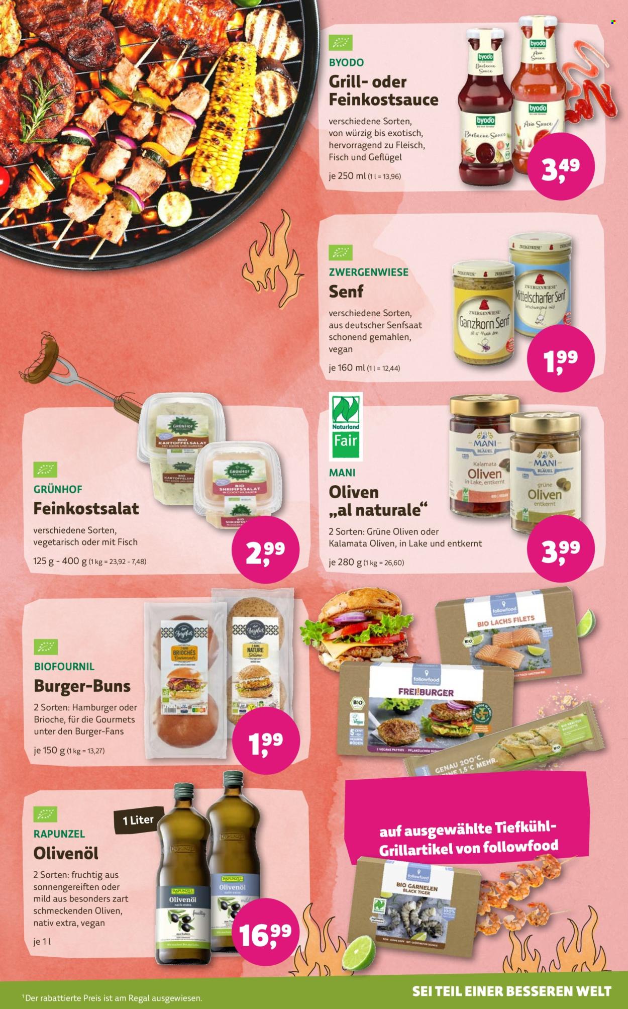 thumbnail - Prospekte BioMarkt - 24.04.2024 - 7.05.2024 - Produkte in Aktion - Burger, süßes Gebäck, Brioche, Fertigsalat, Oliven, Soße, Senf, Olivenöl, Öl, Grill. Seite 5.