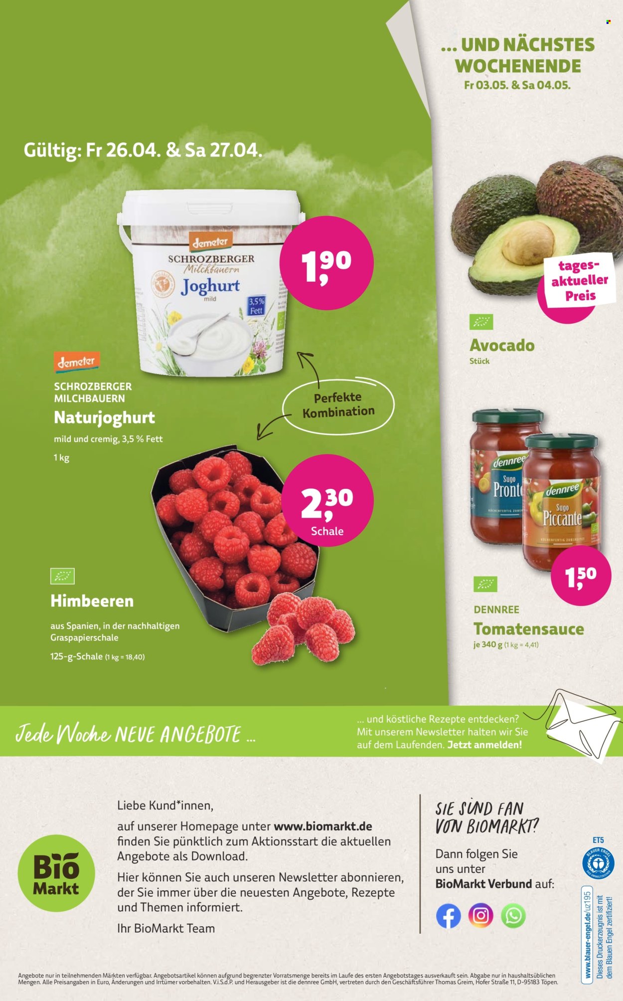 thumbnail - Prospekte BioMarkt - 24.04.2024 - 7.05.2024 - Produkte in Aktion - Avocado, Himbeeren, Joghurt, Naturjoghurt, Tomatensauce, Engel. Seite 12.