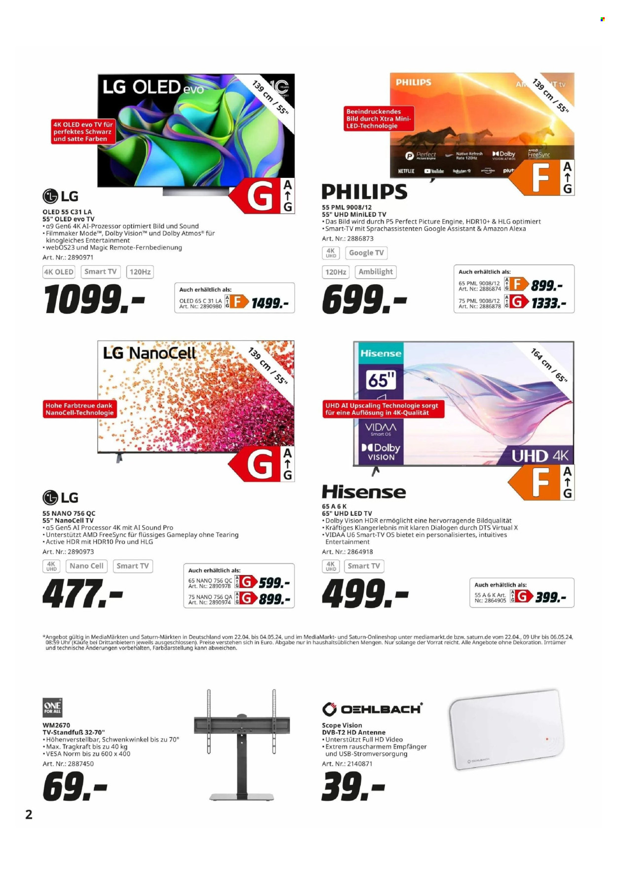 thumbnail - Prospekte MediaMarkt - 22.04.2024 - 6.05.2024 - Produkte in Aktion - Philips, LG, LED TV, Hisense, Smart TV, Fernseher, Fernbedienung, Antenne, Dekoration. Seite 2.